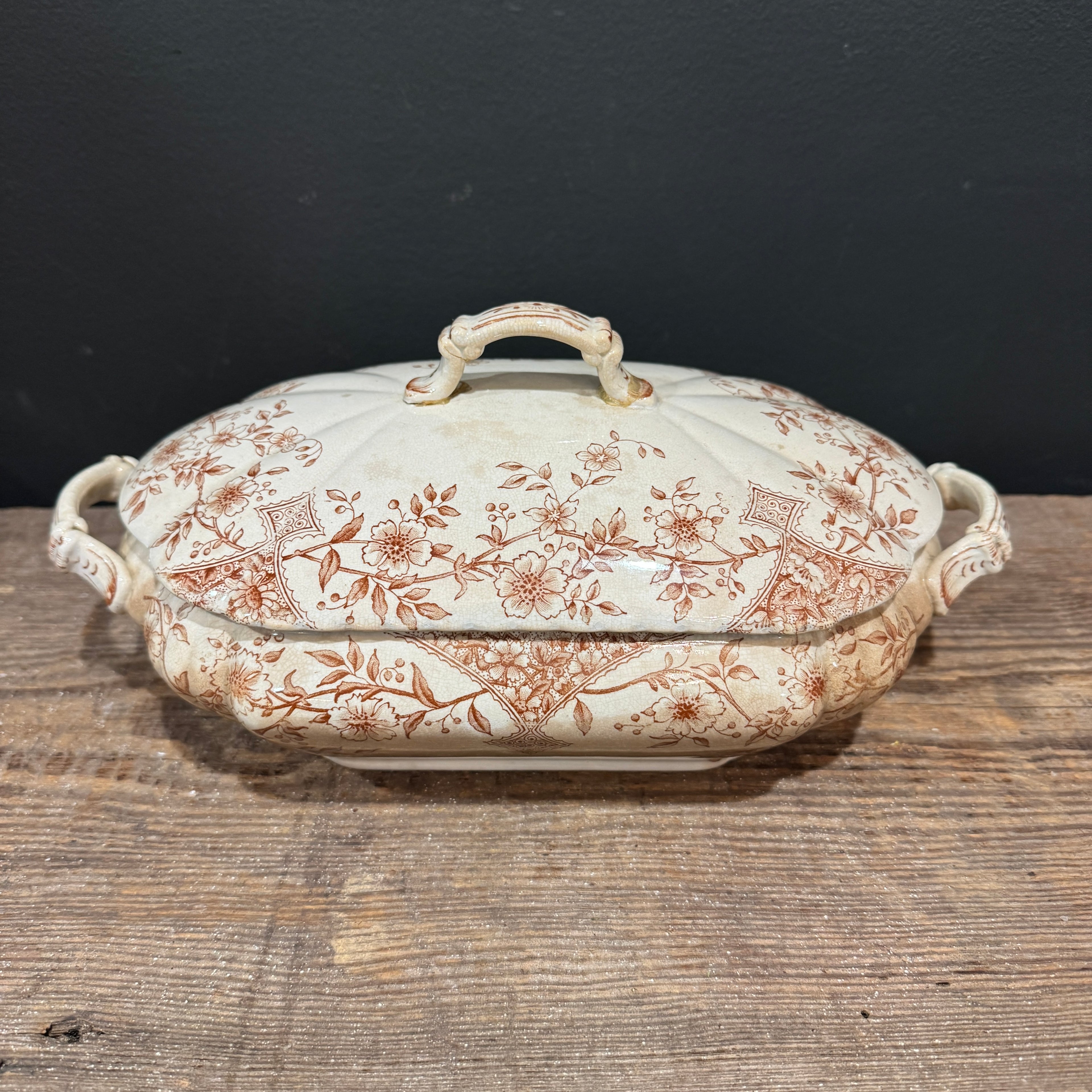 English Brown Transferware Oval Tureen