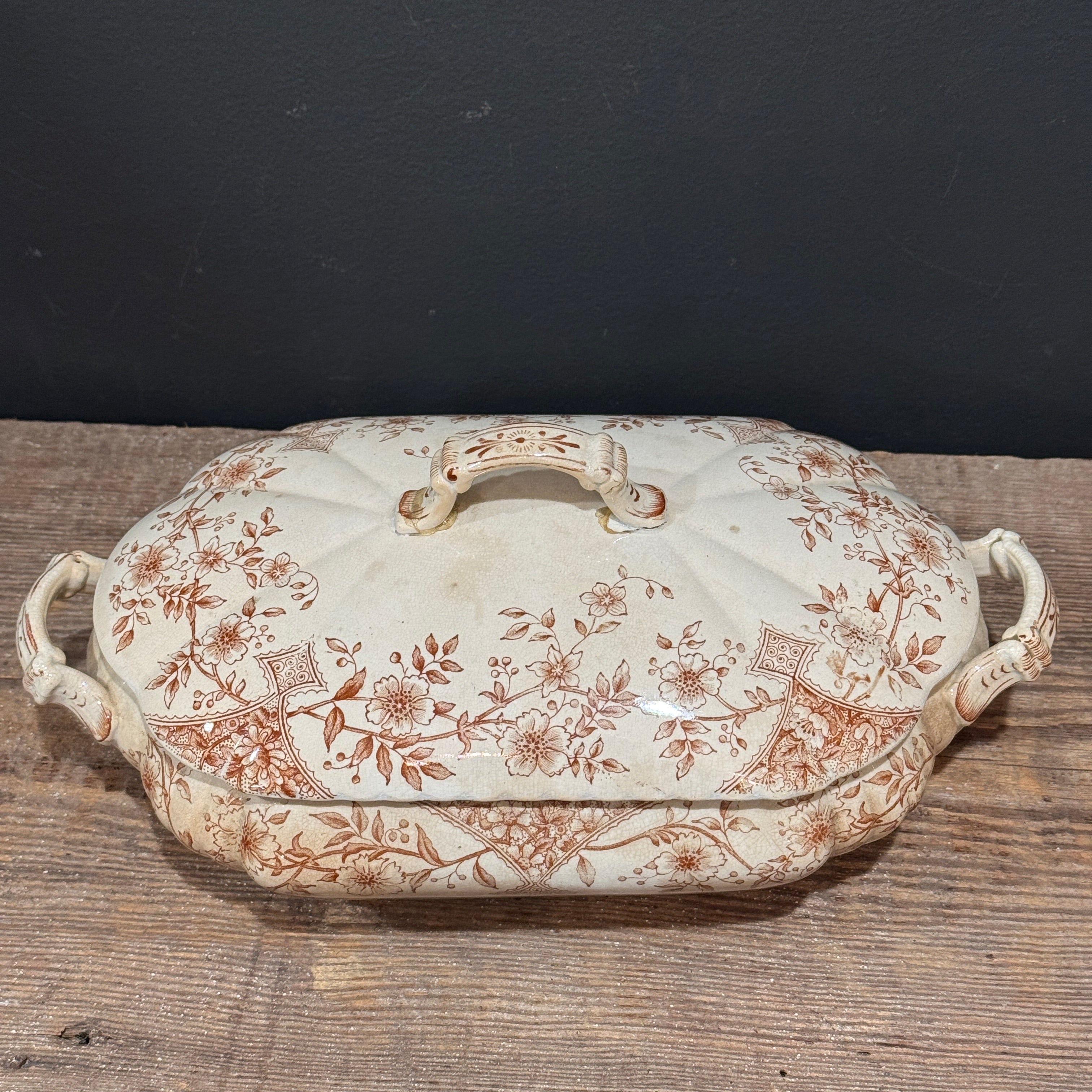English Brown Transferware Oval Tureen