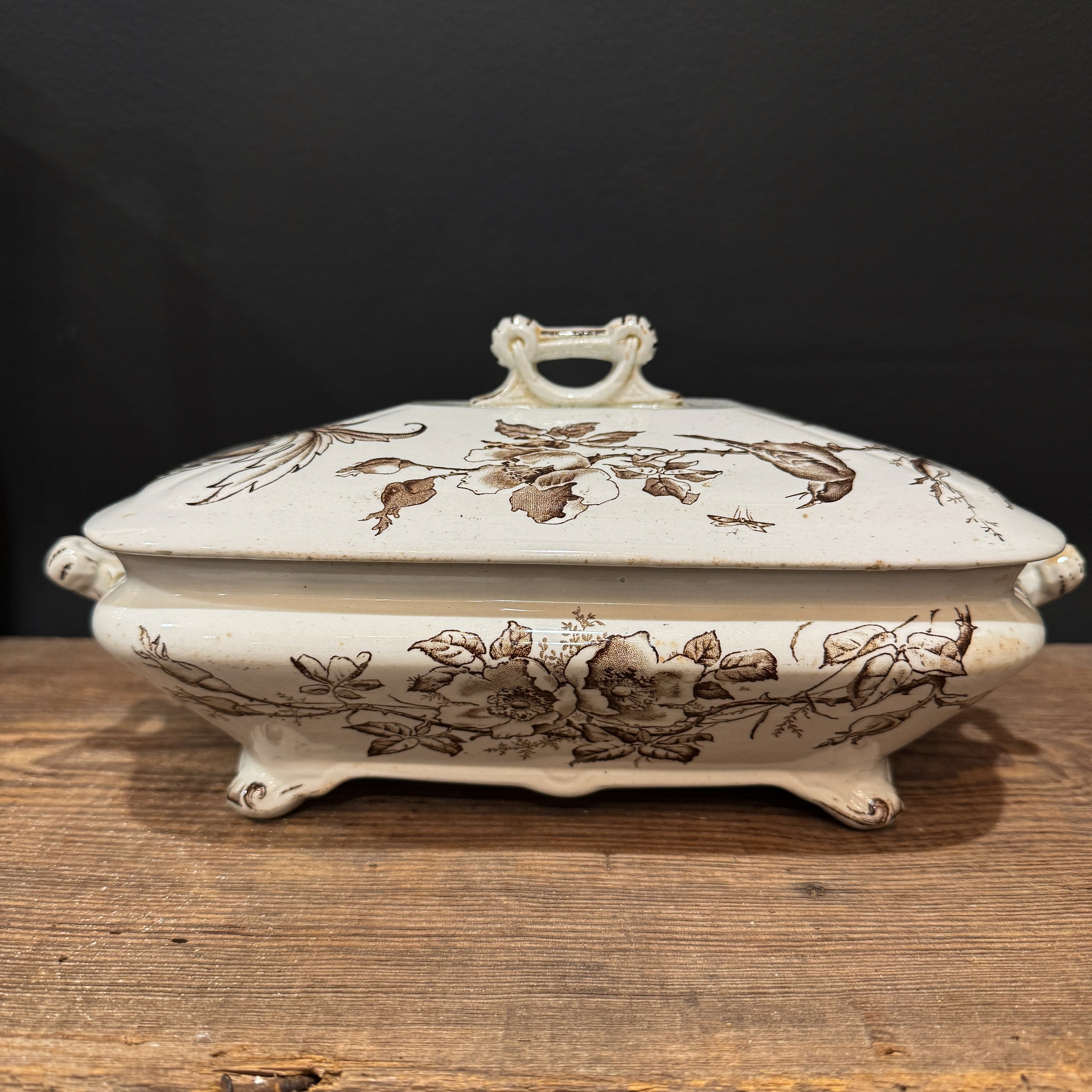 English Brown Transferware Tureen w/ Lid *as found