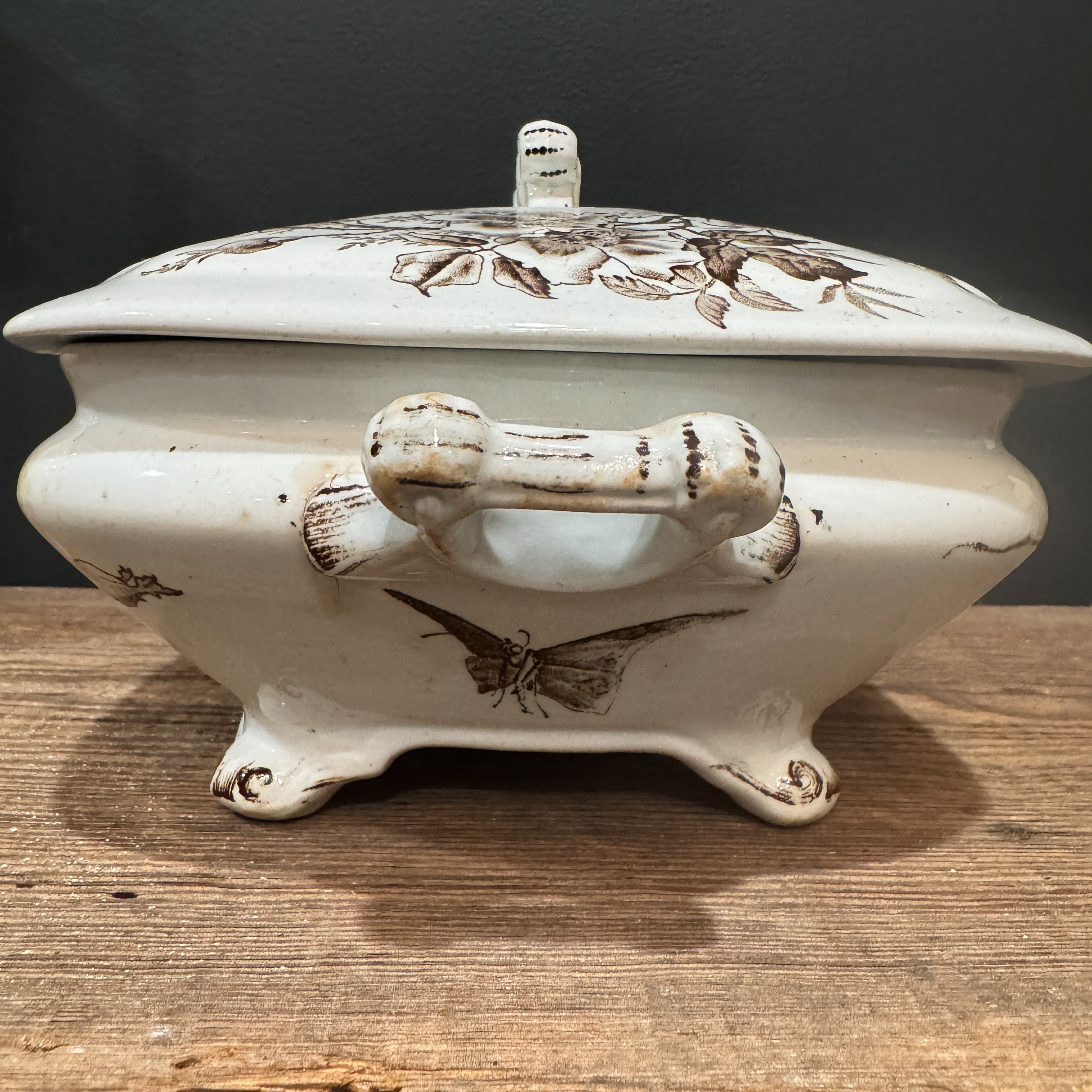 English Brown Transferware Tureen w/ Lid *as found