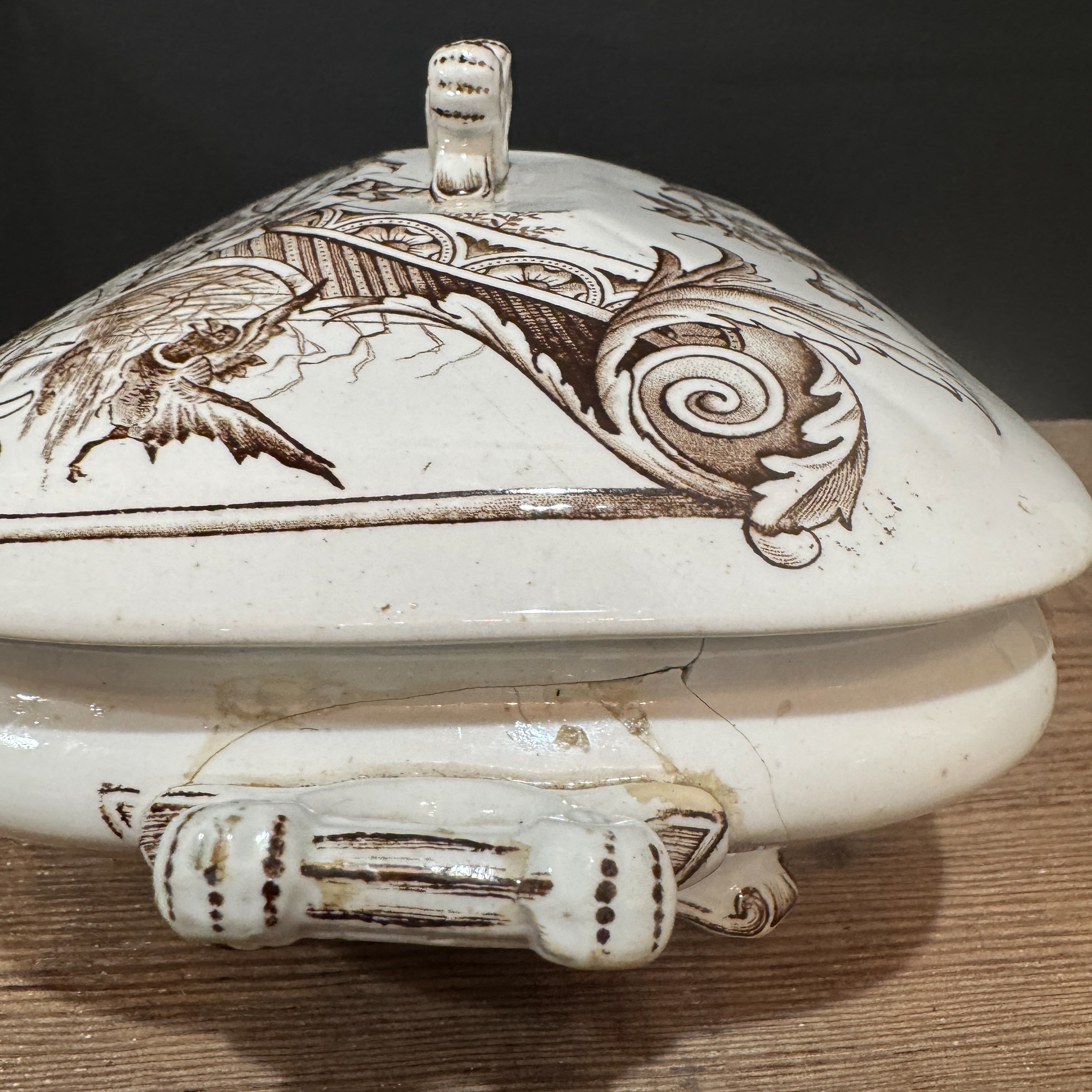 English Brown Transferware Tureen w/ Lid *as found