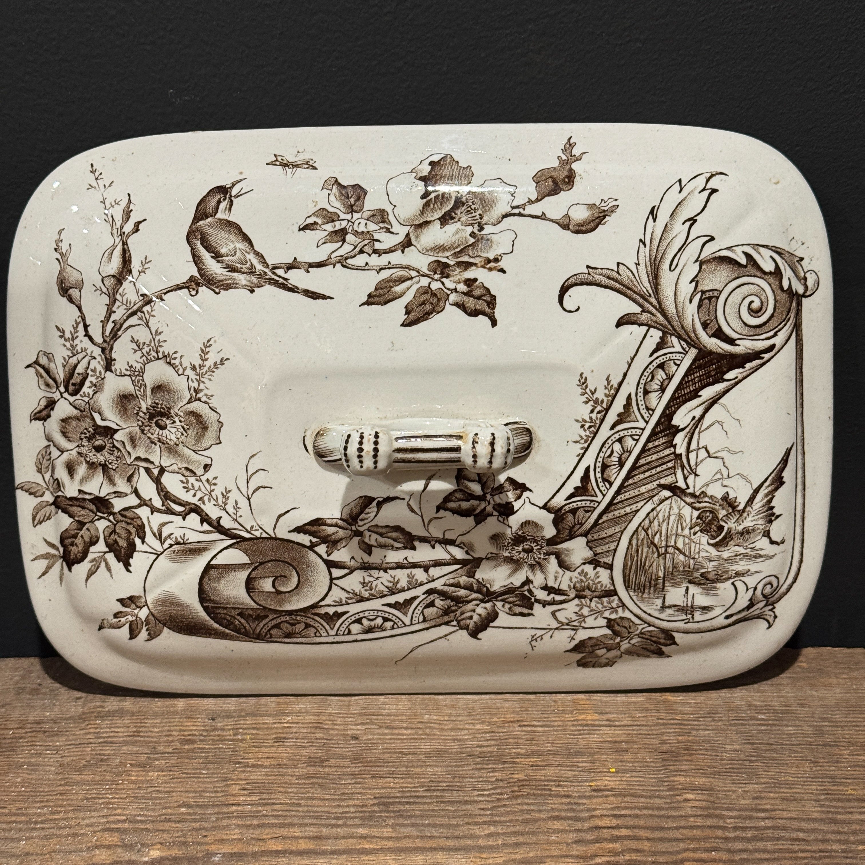 English Brown Transferware Tureen w/ Lid *as found