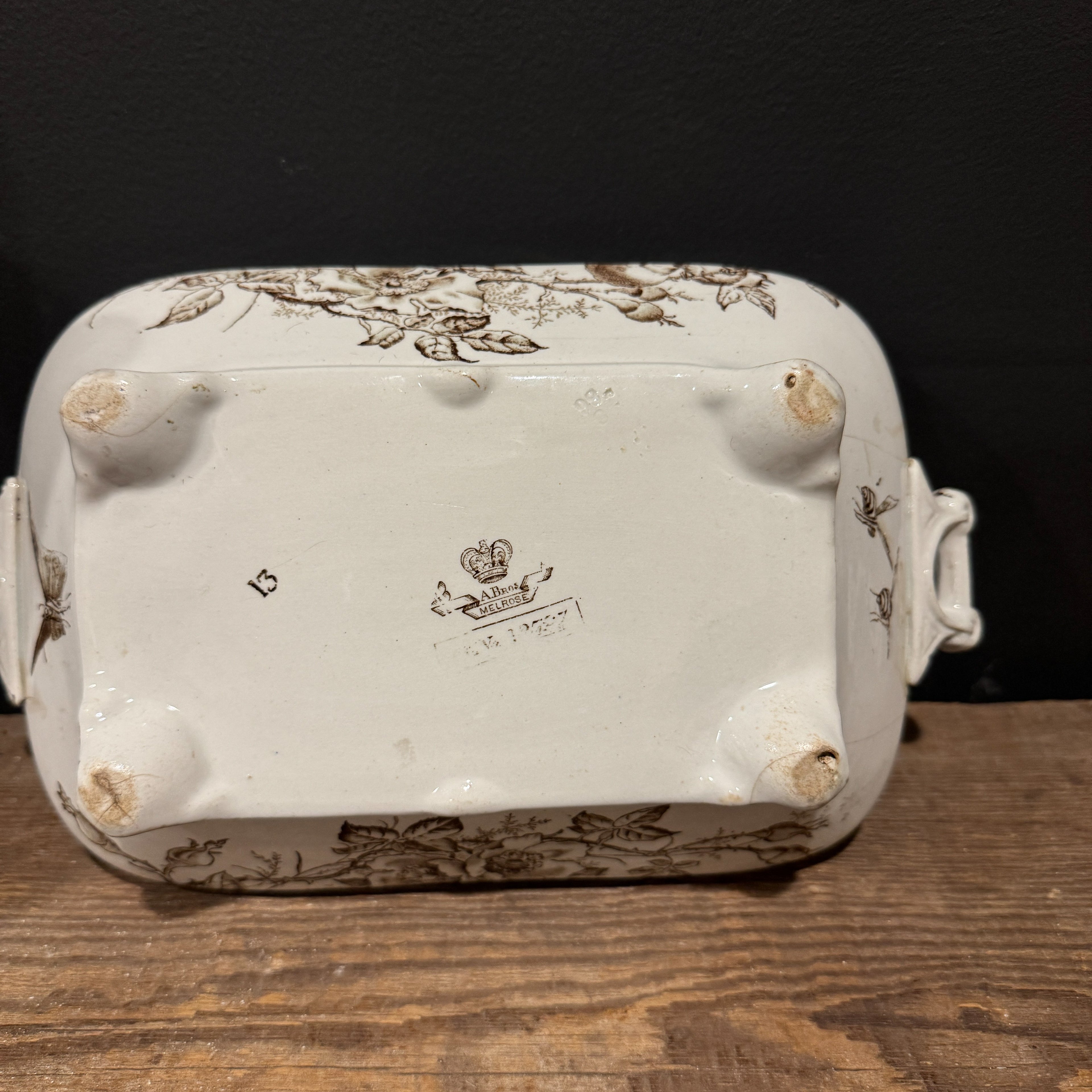 English Brown Transferware Tureen w/ Lid *as found