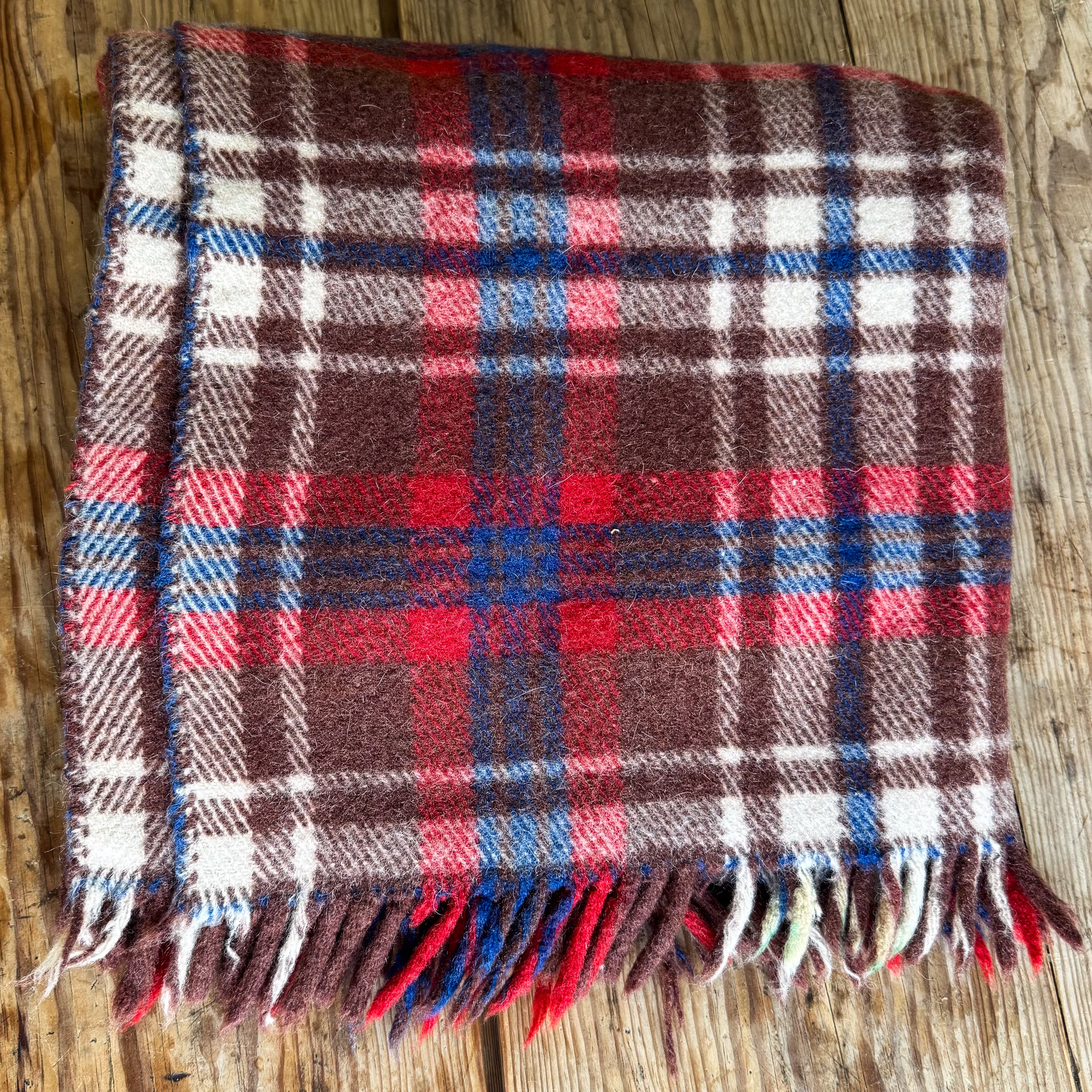 Vintage Brown Plaid Wool Blanket