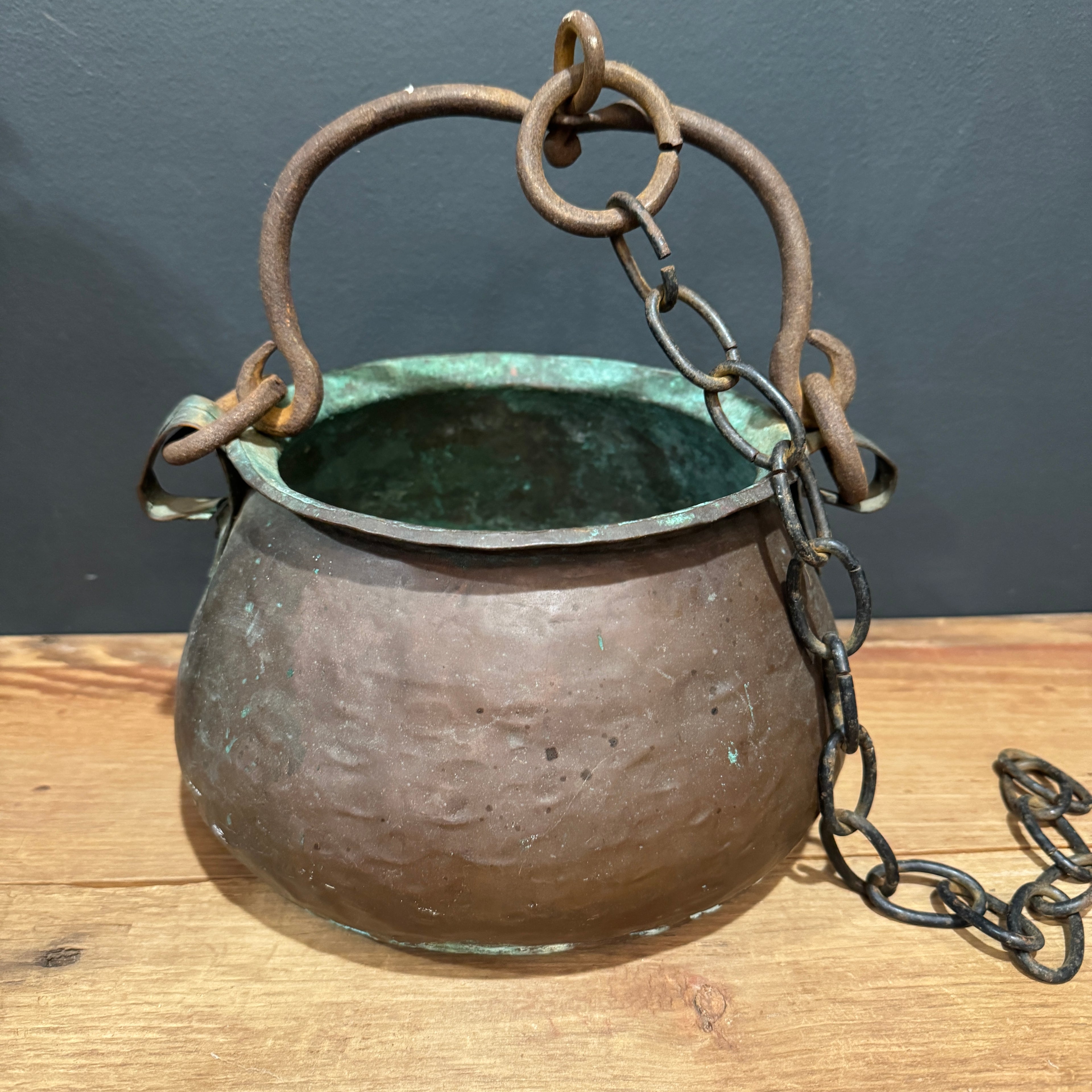 Antique Copper Cauldron w/Iron Handle