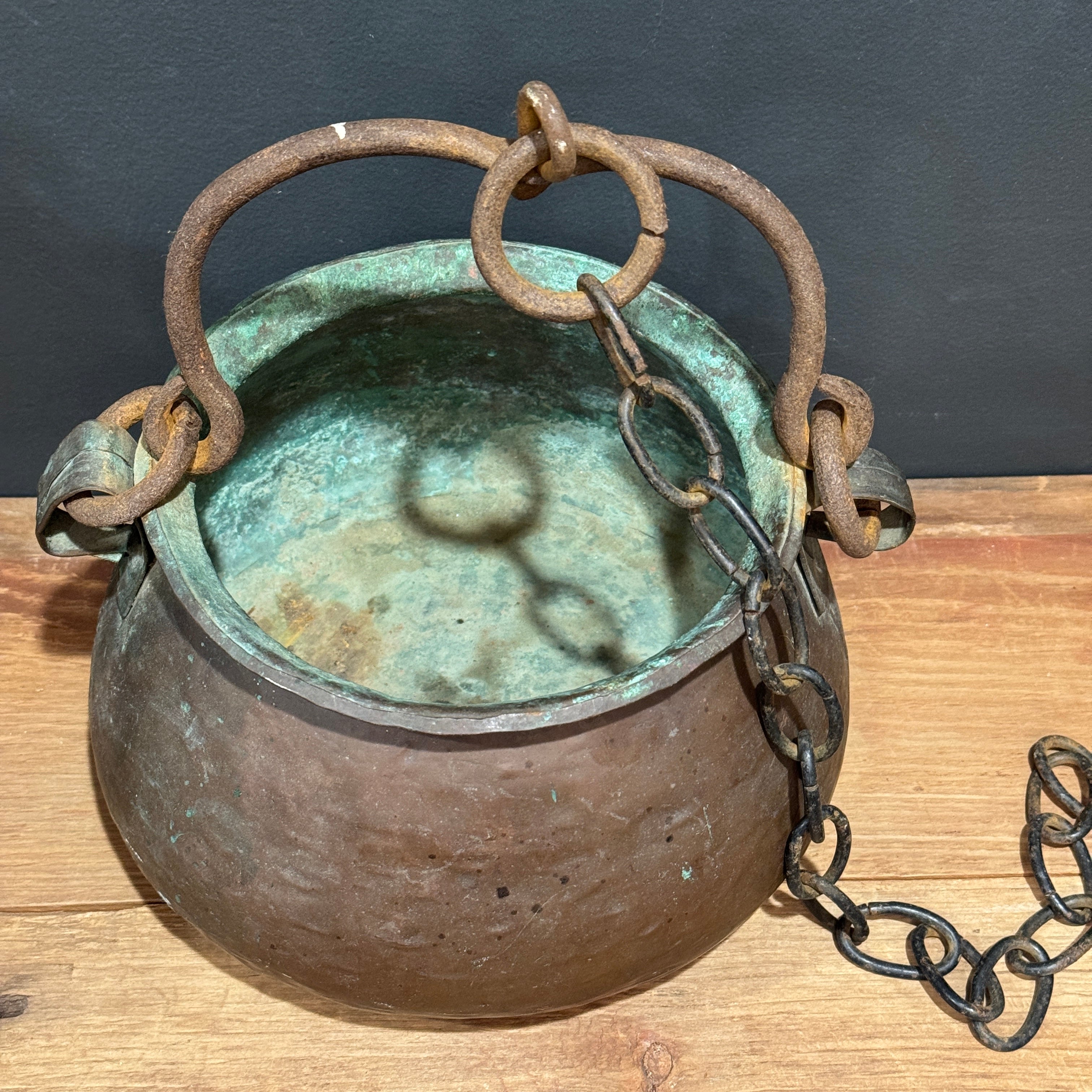 Antique Copper Cauldron w/Iron Handle