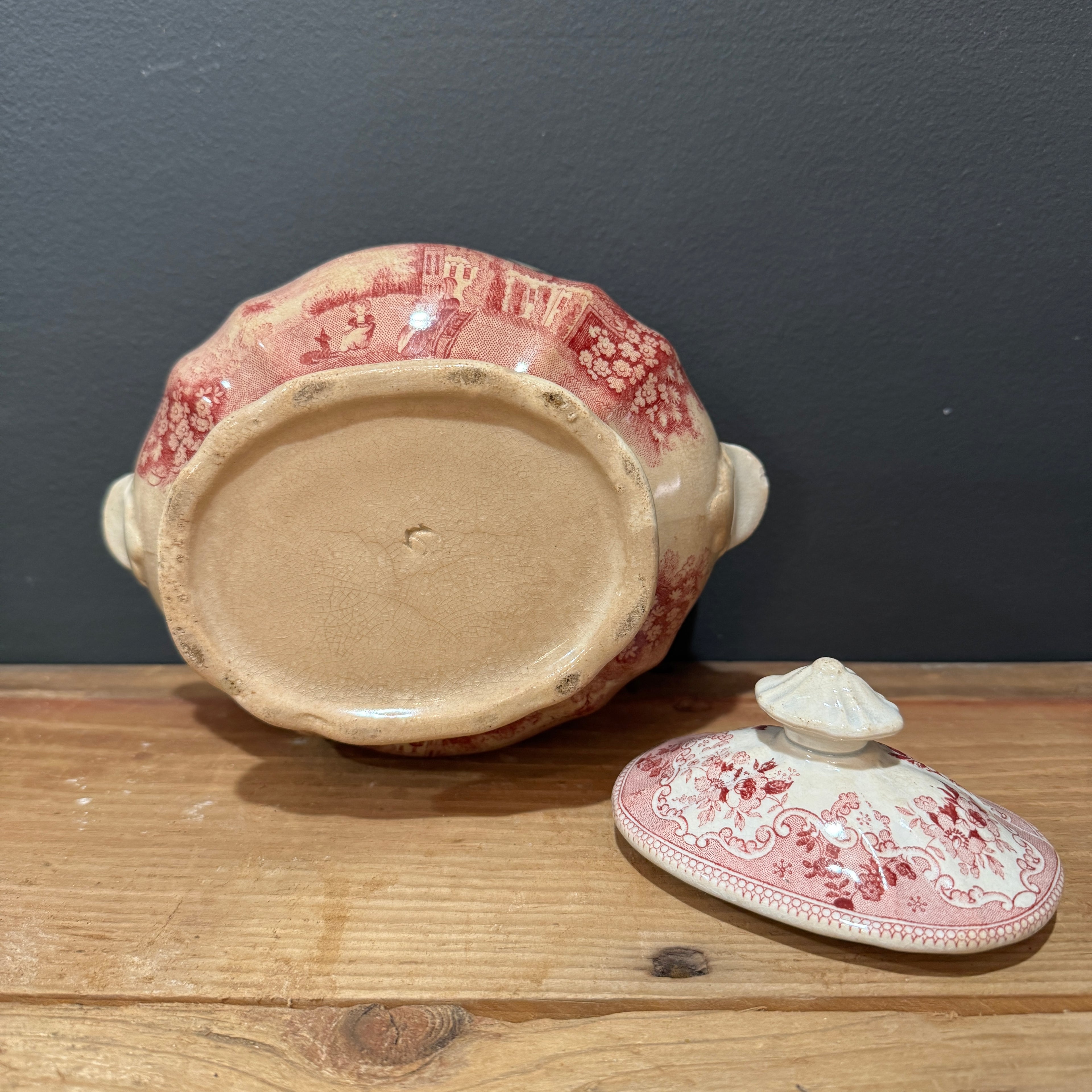 Antique  Red Transferware Tureen