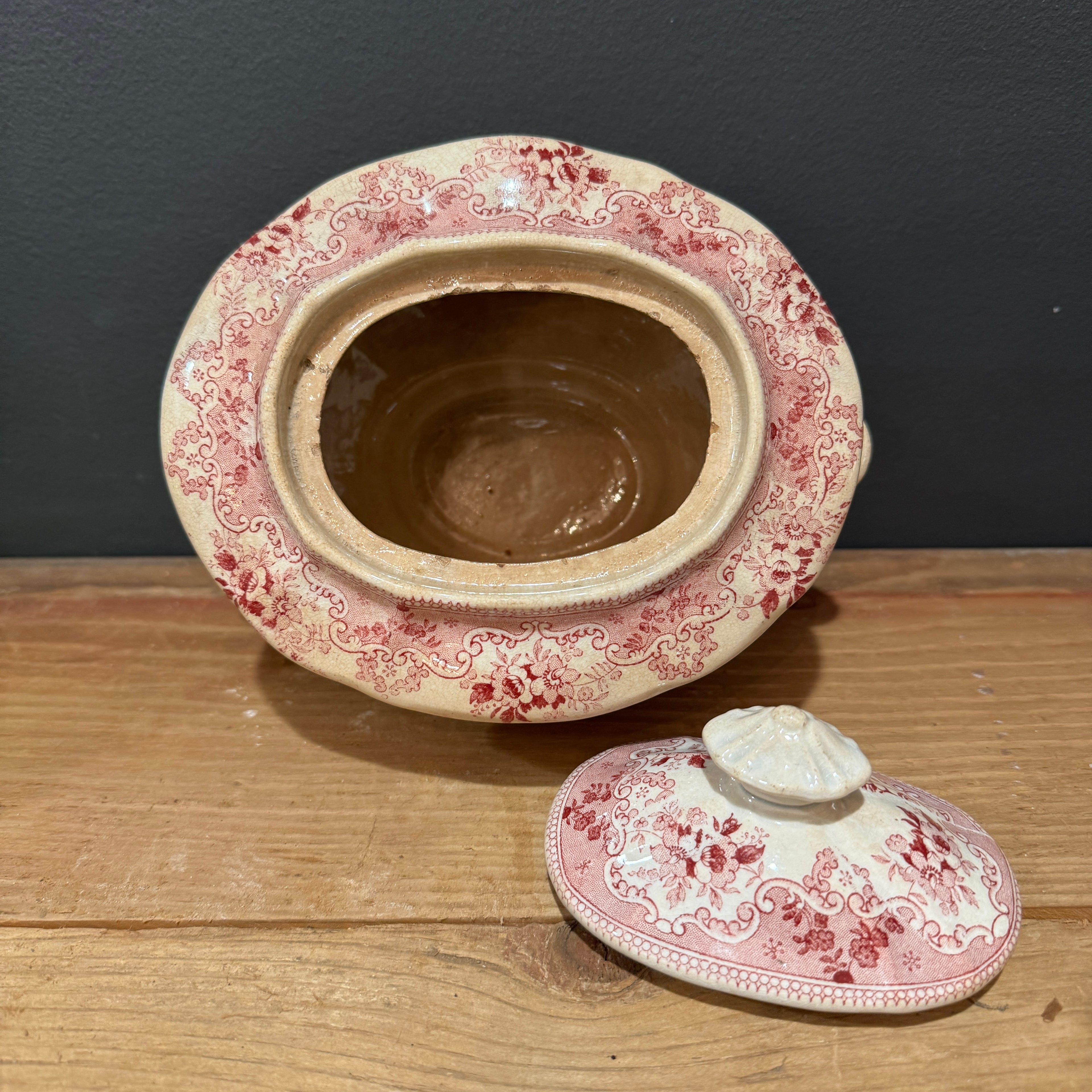 Antique  Red Transferware Tureen