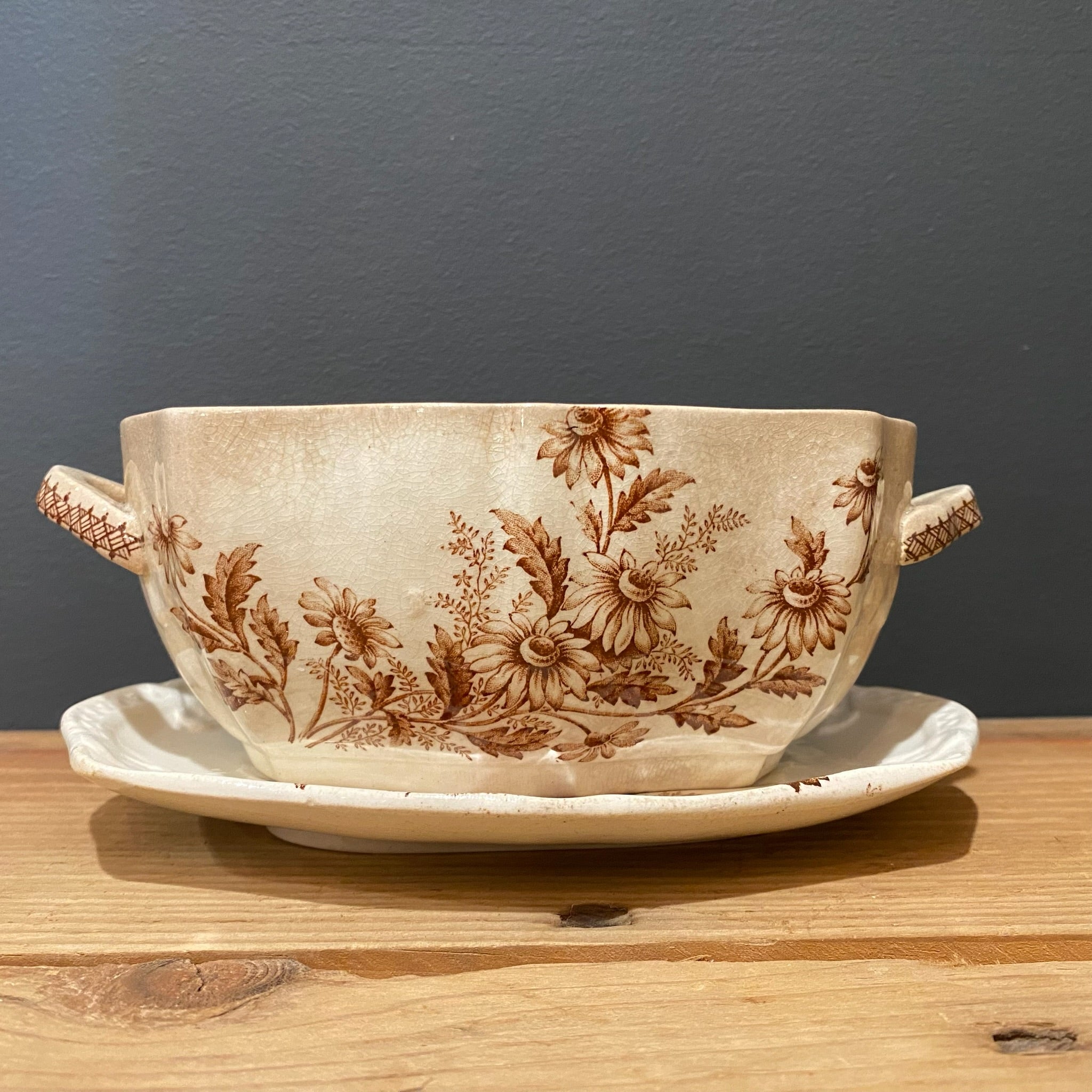 Brown Transferware Sauce Tureen – “Daisy” Pattern