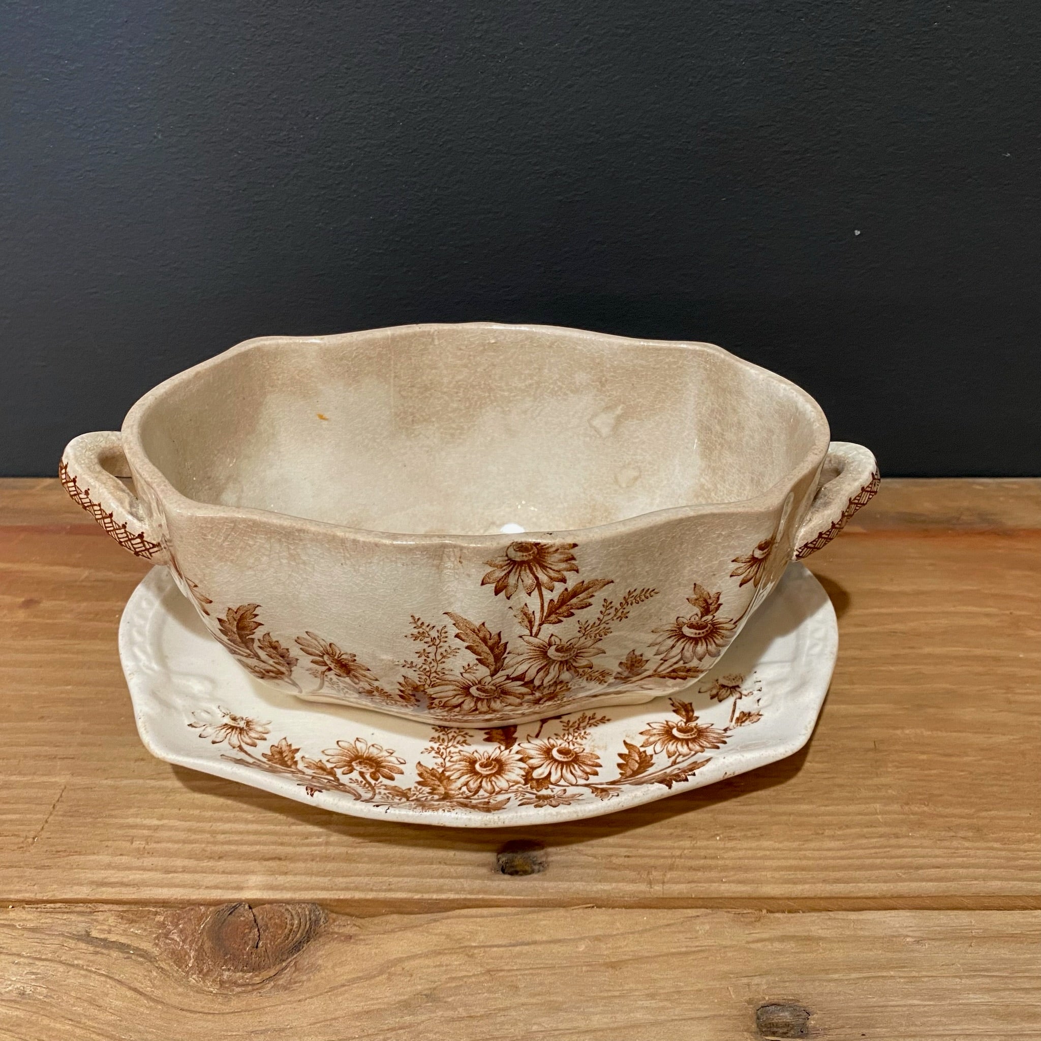 Brown Transferware Sauce Tureen – “Daisy” Pattern