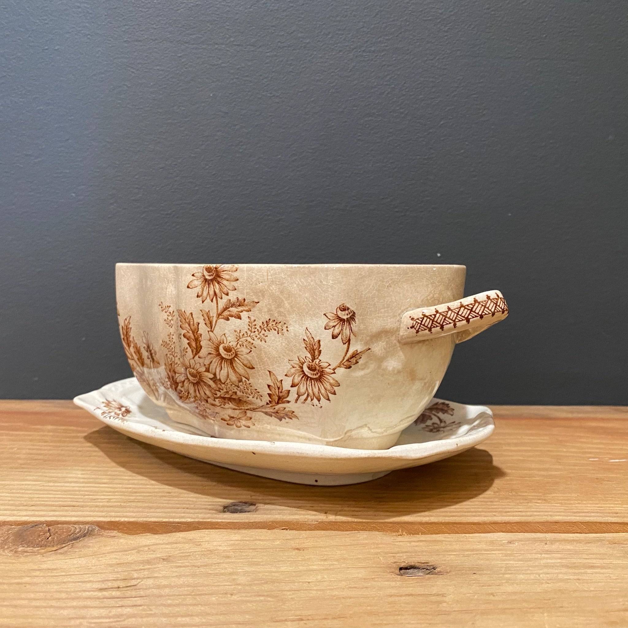 Brown Transferware Sauce Tureen – “Daisy” Pattern