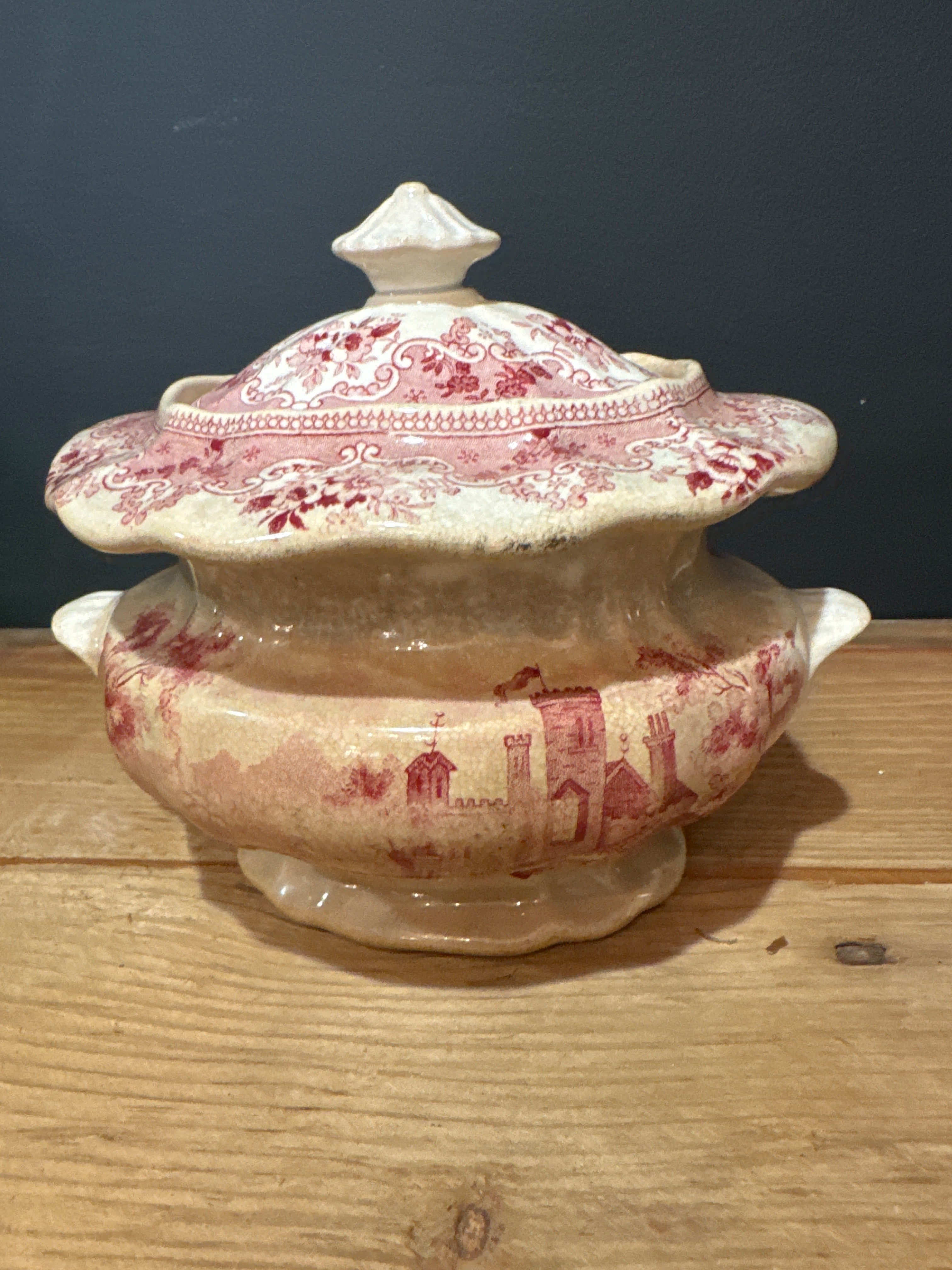 Antique  Red Transferware Tureen