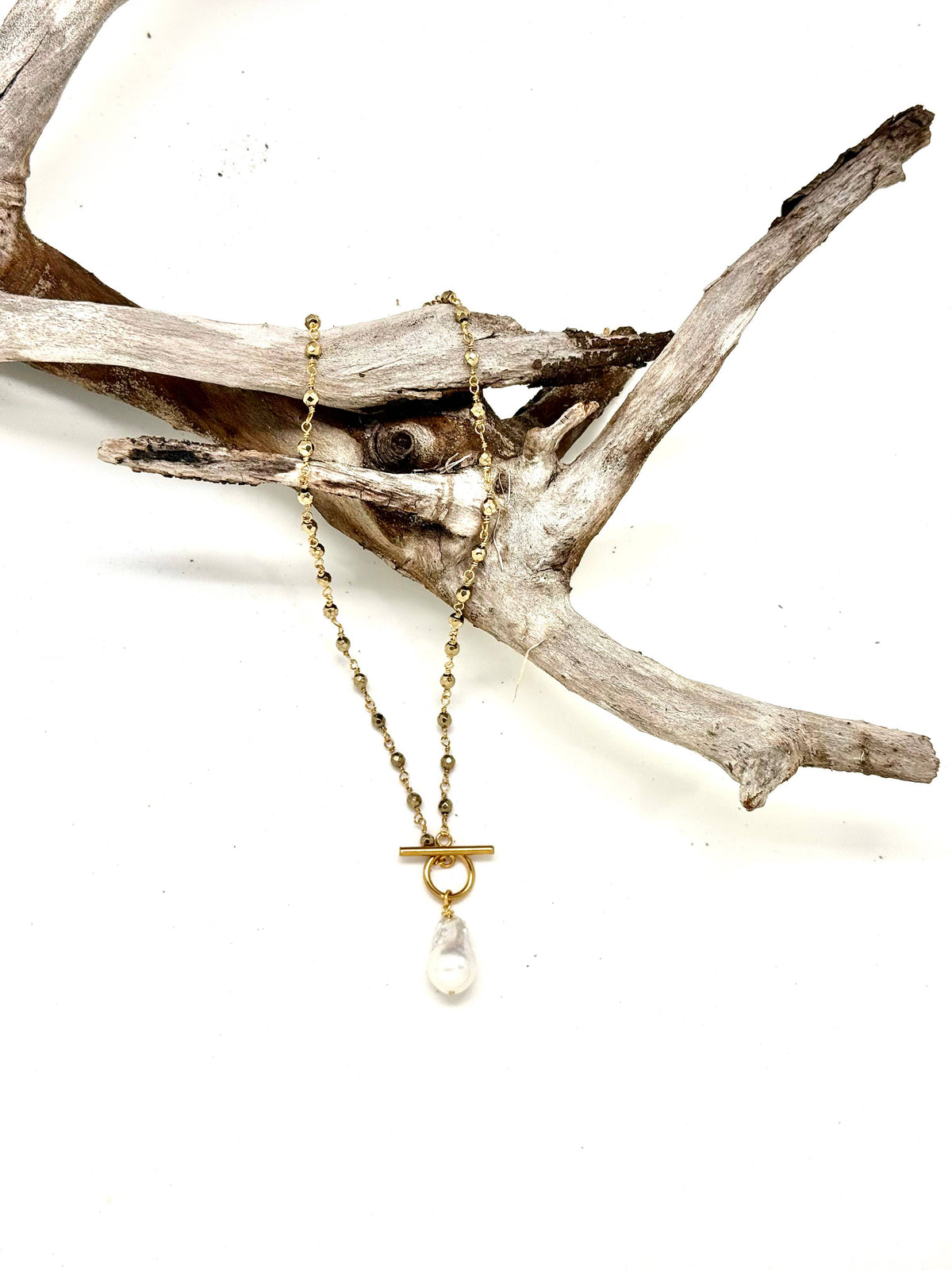 Necklace Baroque Pearl Pyrite Bead Chain 18”w/Gold Toggle 18”