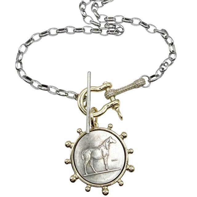 Mixed Metal Industrial Toggle Horse Coin Necklace