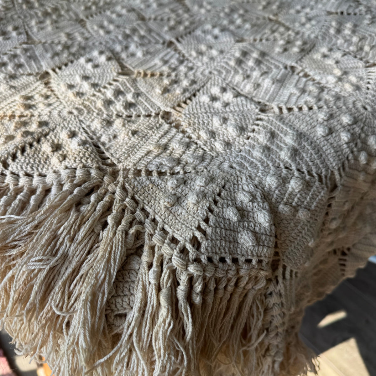 Vintage Hand-Crocheted Popcorn Stitch Bedspread