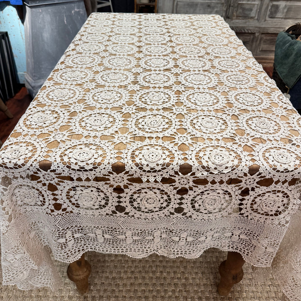 Vintage Italian Hand-Crocheted Lace Tablecloth by Longevity, Naples, 72" x 90"