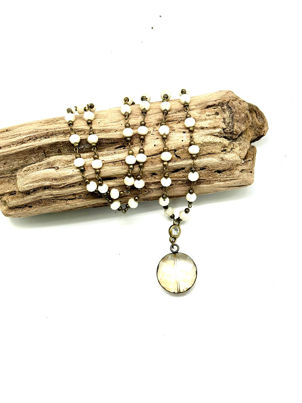 Necklace Vintage Style CreamBead Round Bevelled Glass 30’