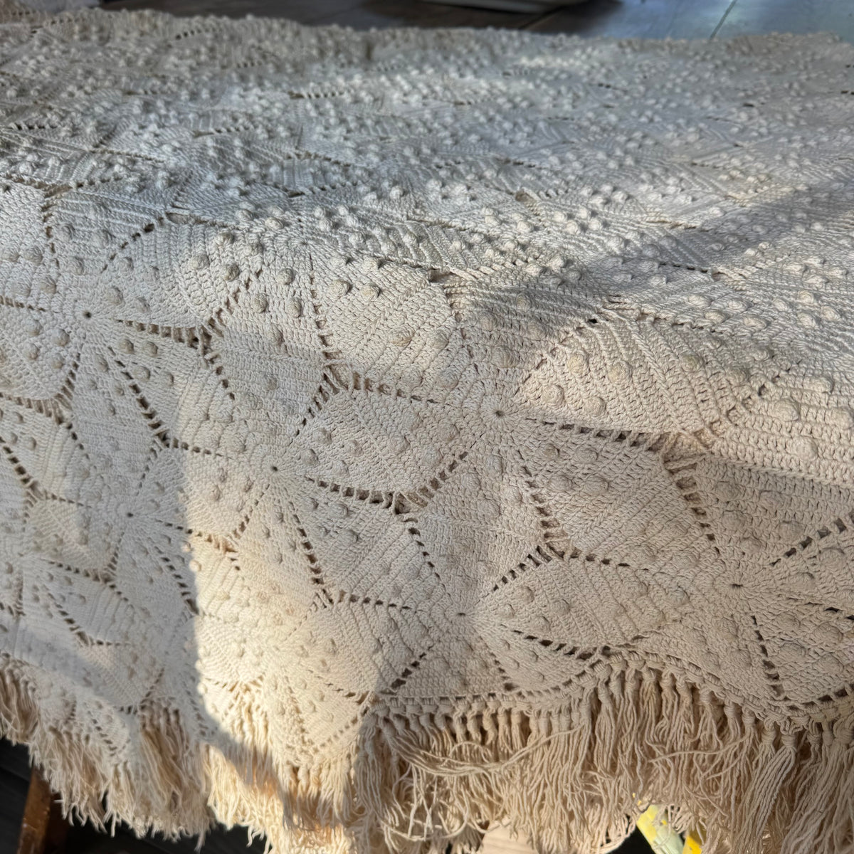 Vintage Hand-Crocheted Popcorn Stitch Bedspread