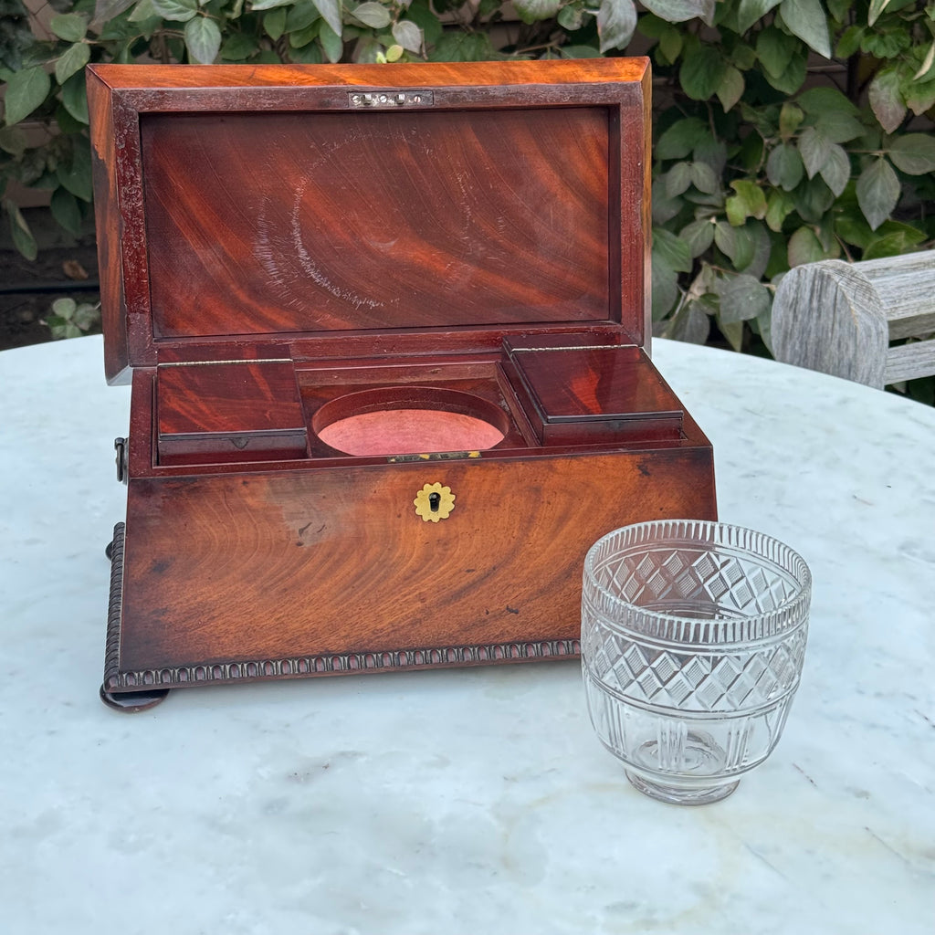 Antique 19th Century English Sarcophagus Tea Caddy - Complete Mahogany Wood Chest with Original Cut-Glass Bowl