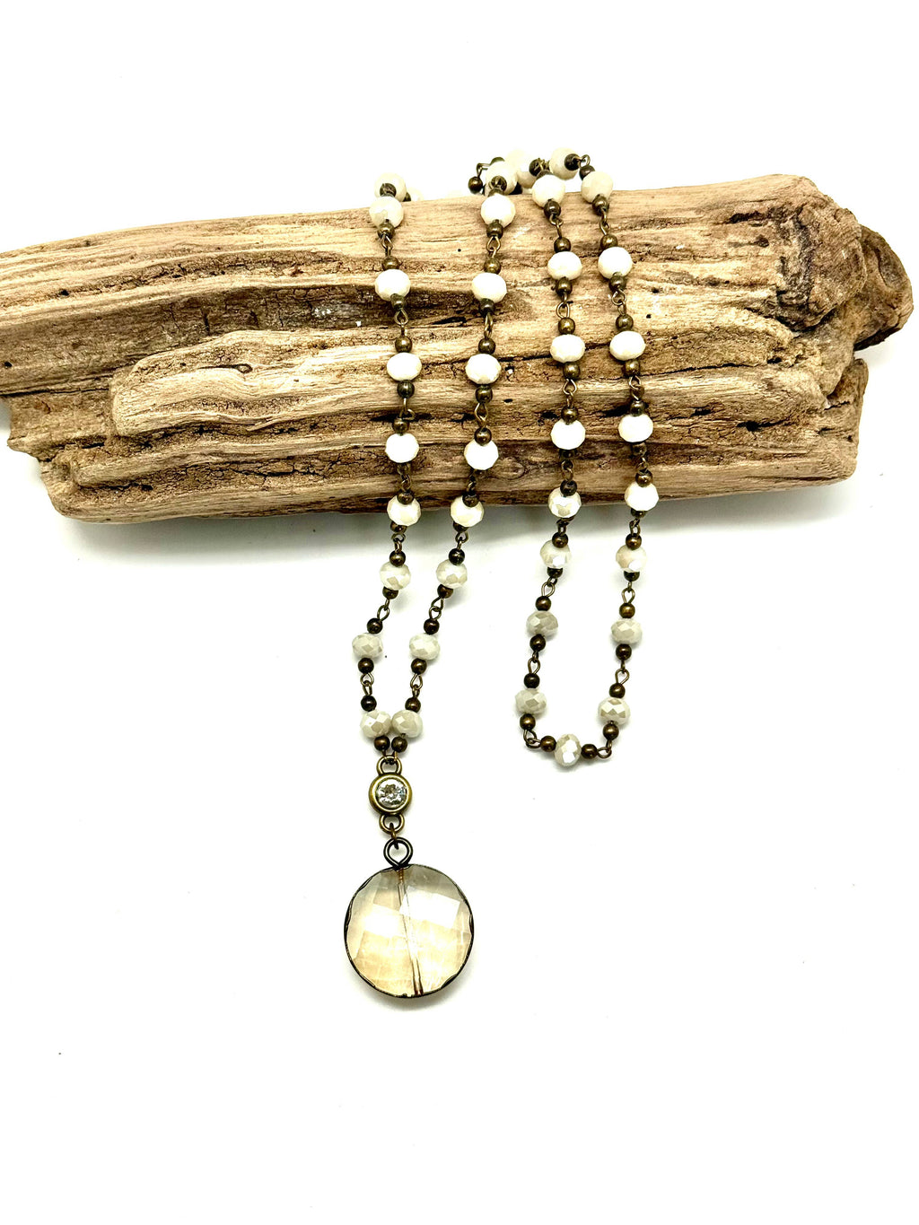 Necklace Vintage Style CreamBead Round Bevelled Glass 30’