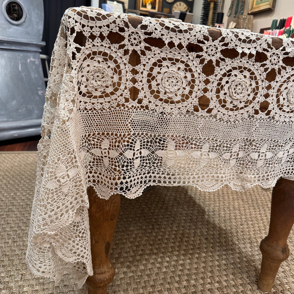 Vintage Italian Hand-Crocheted Lace Tablecloth by Longevity, Naples, 72" x 90"