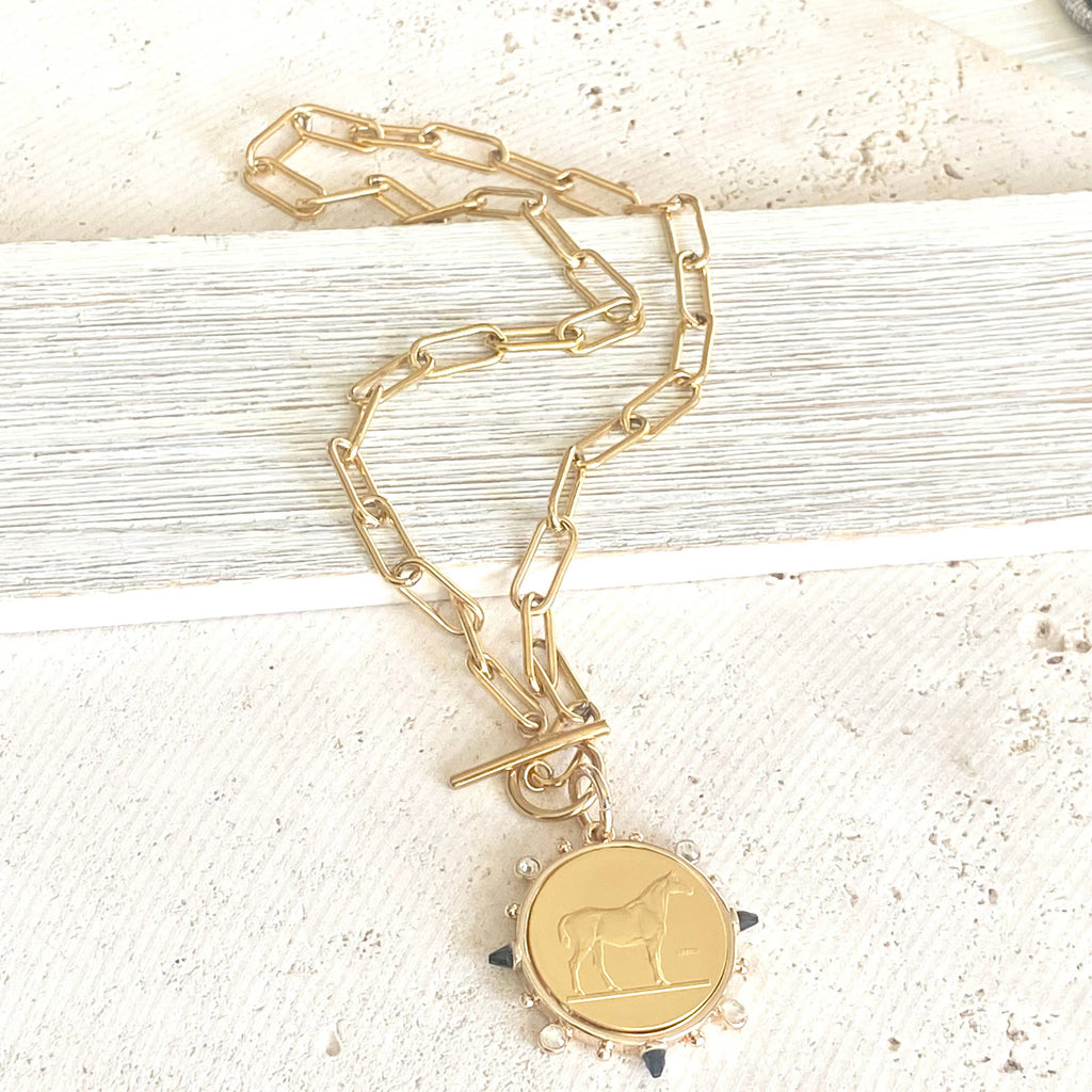 Gold Toggle Equestrian Horse Coin Necklace