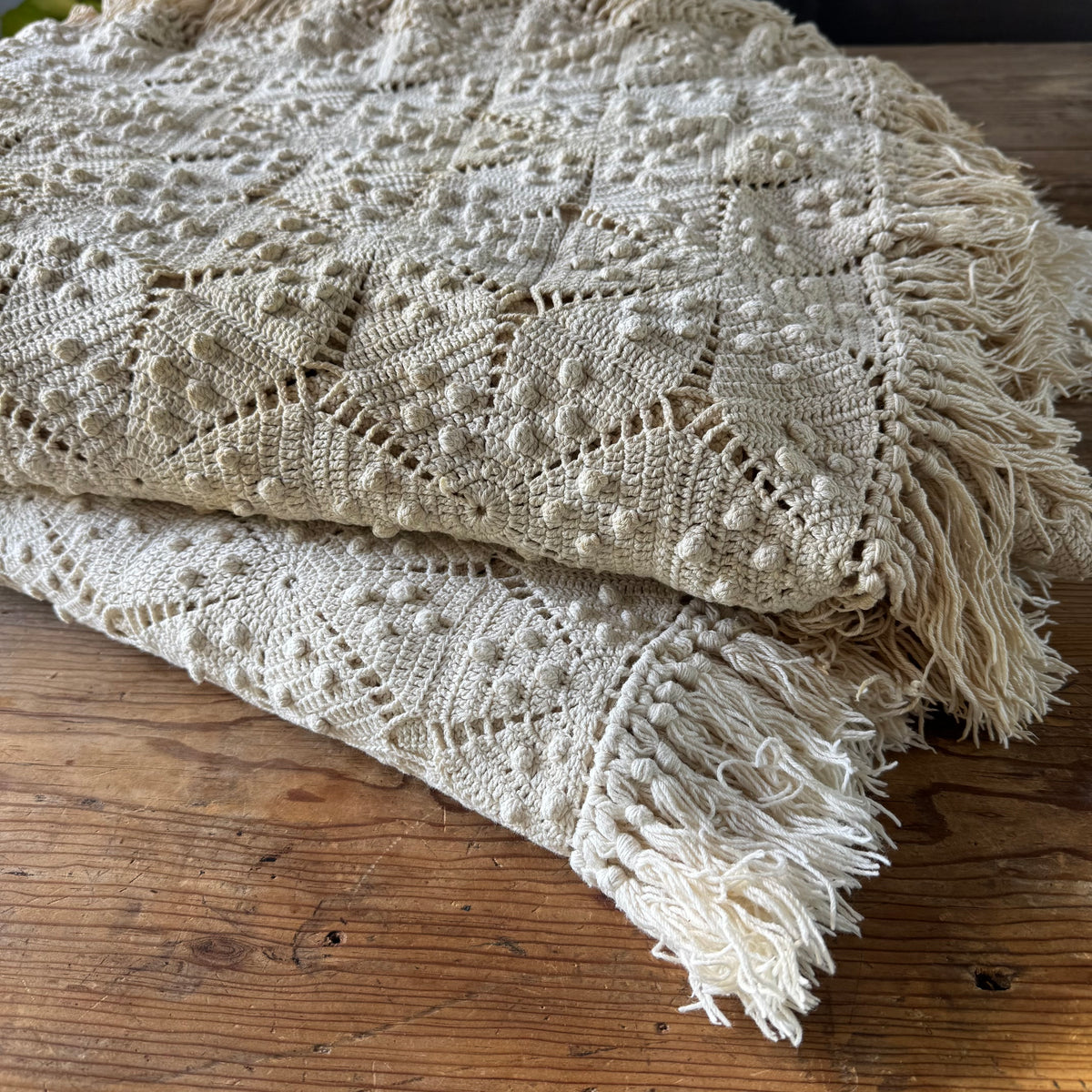 Vintage Hand-Crocheted Popcorn Stitch Bedspread