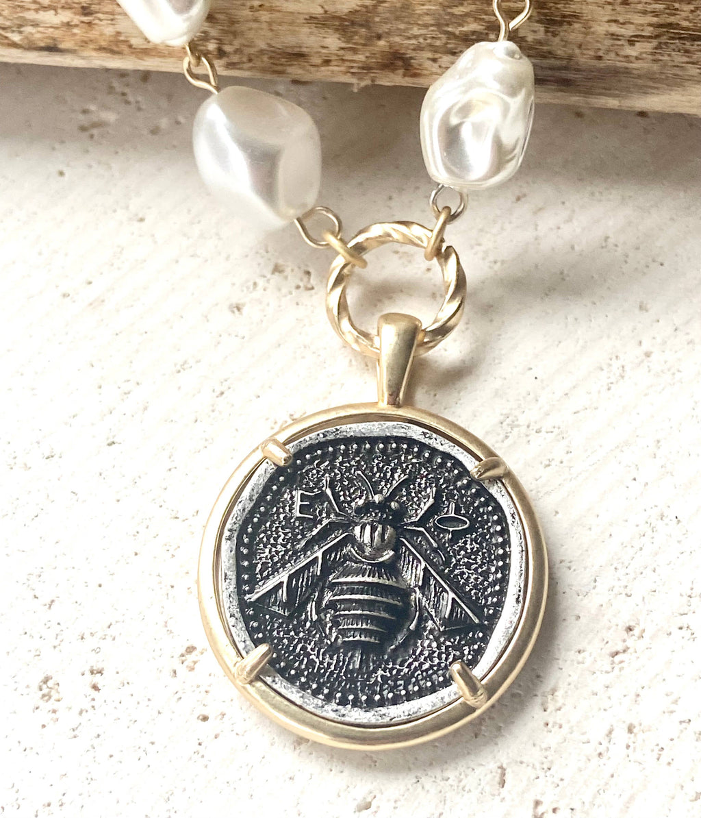 Bee Coin and Vintage Glass Pearl Necklace