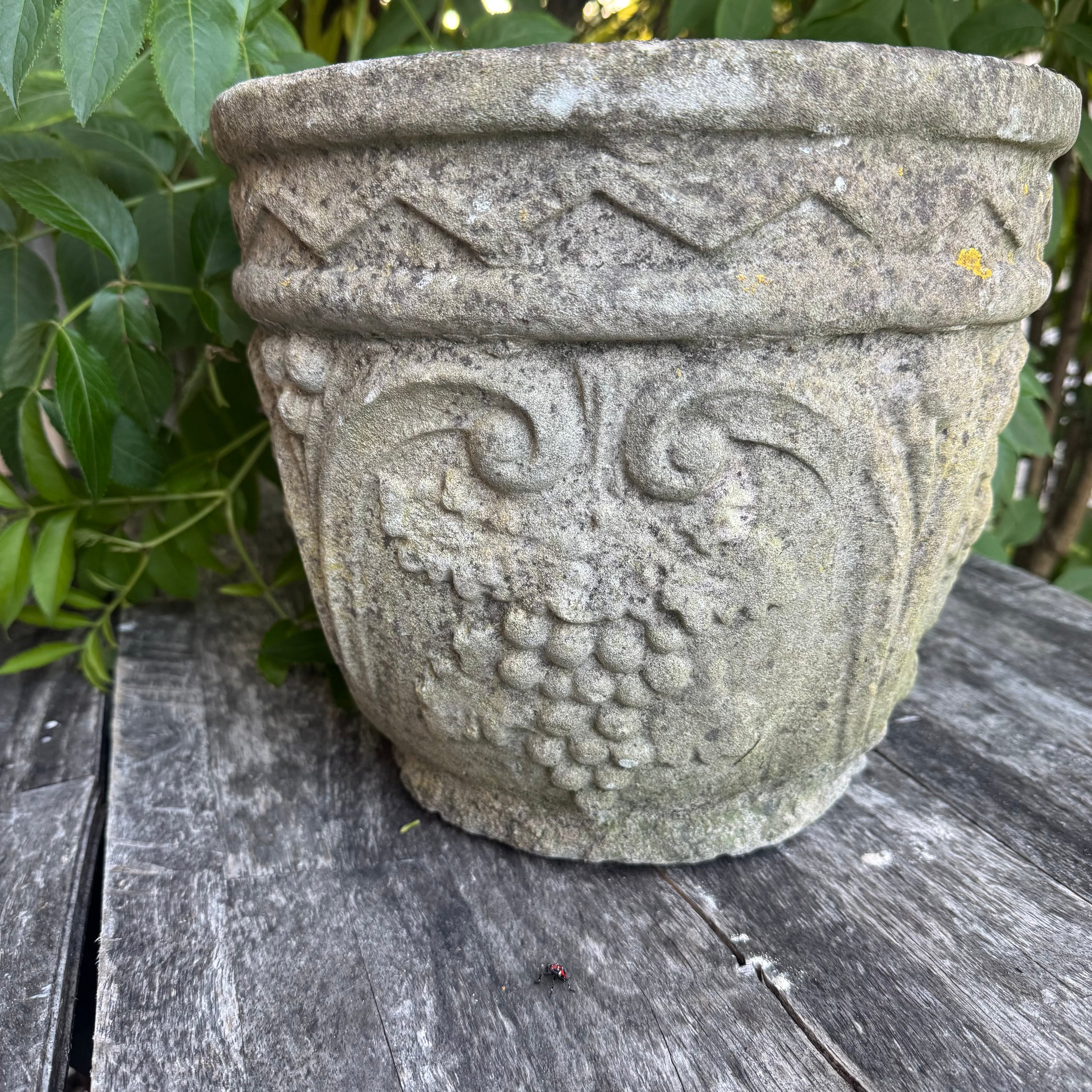 Antique English Carved Stone Garden Planters – Pair with Grape & Vine Motif