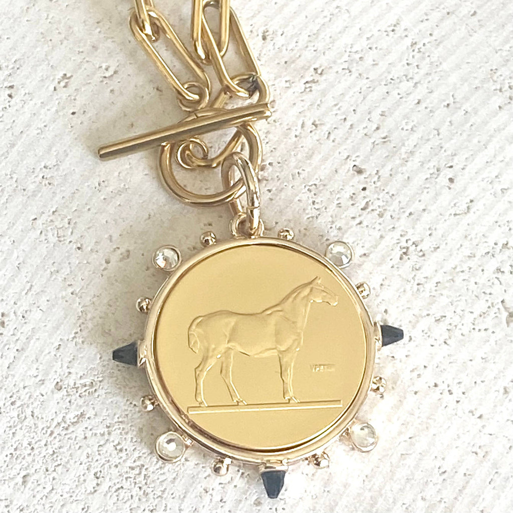 Gold Toggle Equestrian Horse Coin Necklace