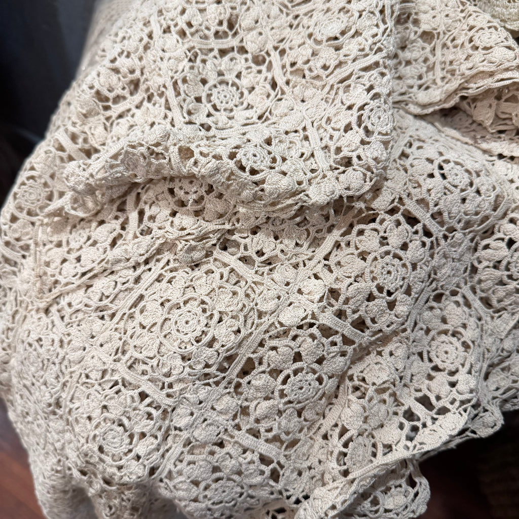 Vintage Italian Hand-Crocheted Lace Tablecloth by Longevity, Naples, 72" x 90"