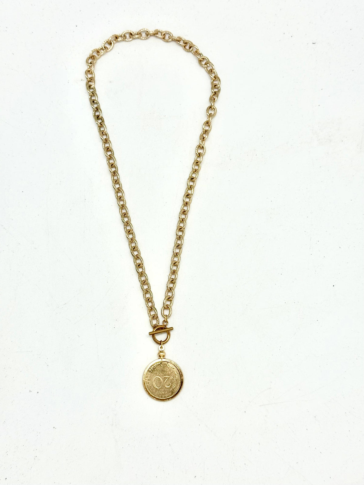 Necklace French Coin Vintage StainlessSteel GoldChain 18”