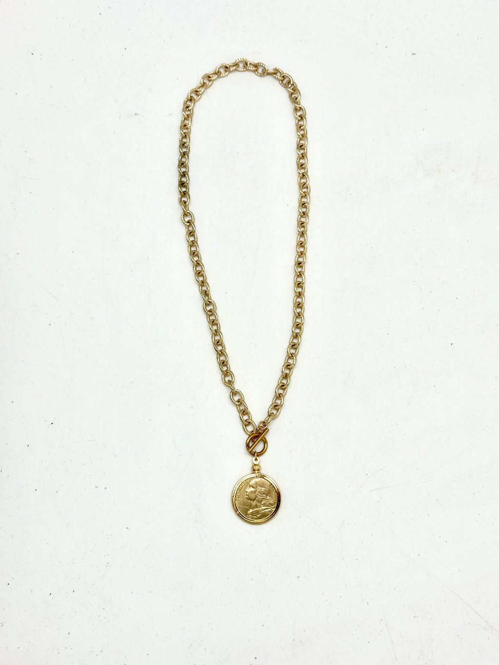 Necklace French Coin Vintage StainlessSteel GoldChain 18”