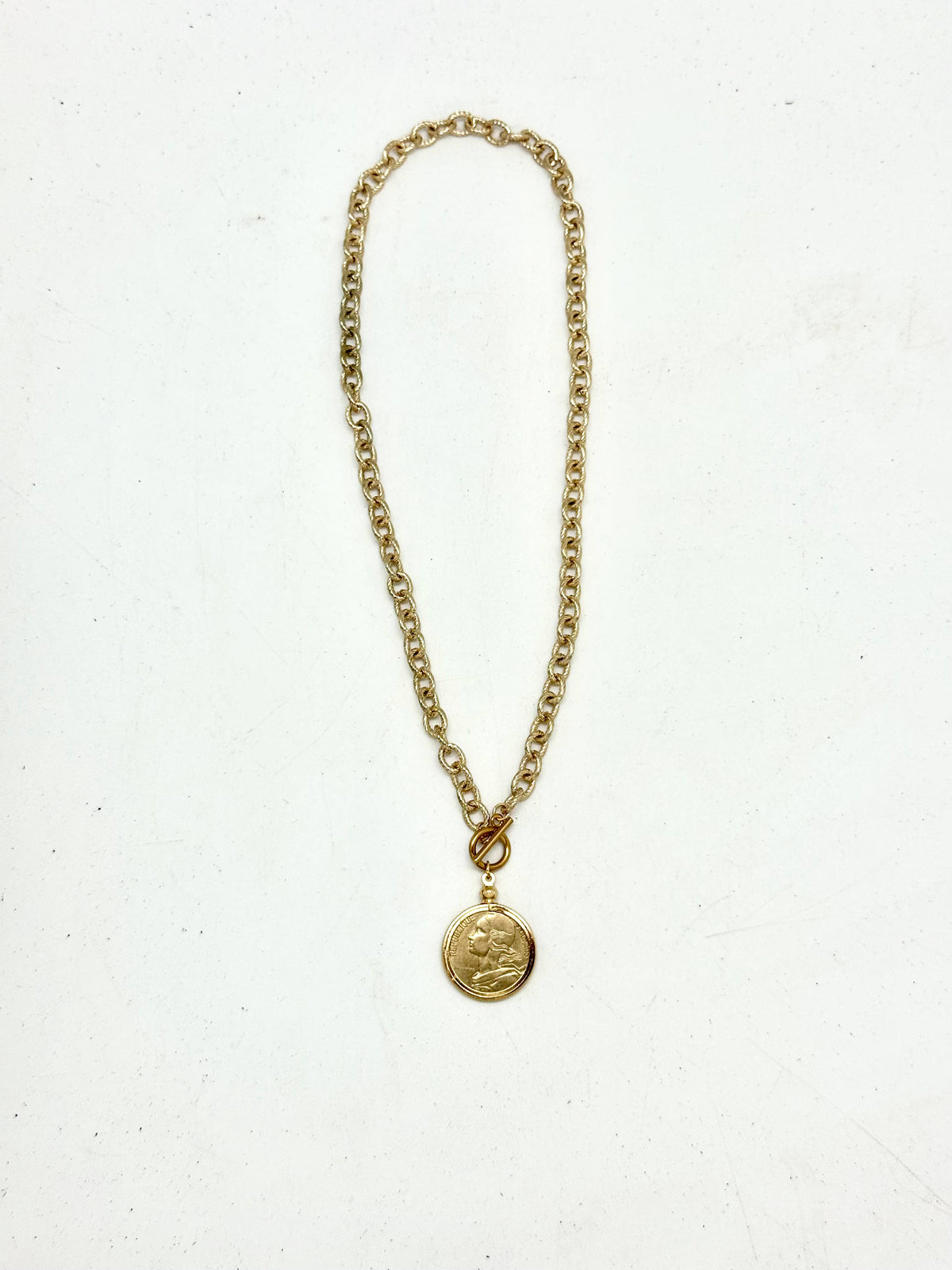 Necklace French Coin Vintage StainlessSteel GoldChain 18”