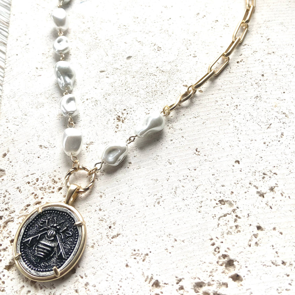 Bee Coin and Vintage Glass Pearl Necklace