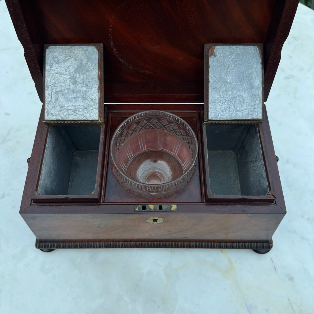Antique 19th Century English Sarcophagus Tea Caddy - Complete Mahogany Wood Chest with Original Cut-Glass Bowl