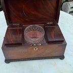 Antique 19th Century English Sarcophagus Tea Caddy - Complete Mahogany Wood Chest with Original Cut-Glass Bowl