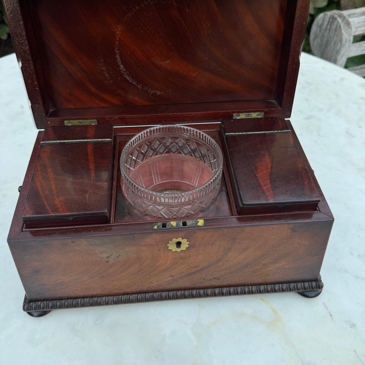 Antique 19th Century English Sarcophagus Tea Caddy - Complete Mahogany Wood Chest with Original Cut-Glass Bowl