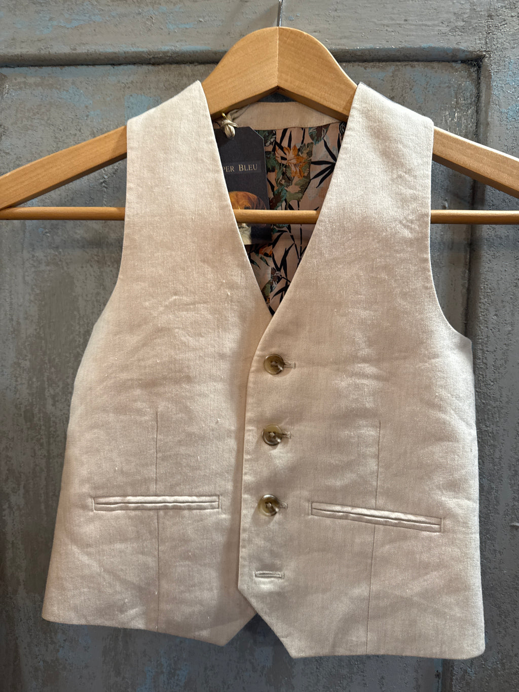 English Linen Child's Waistcoat with Tiger Botanical Lining