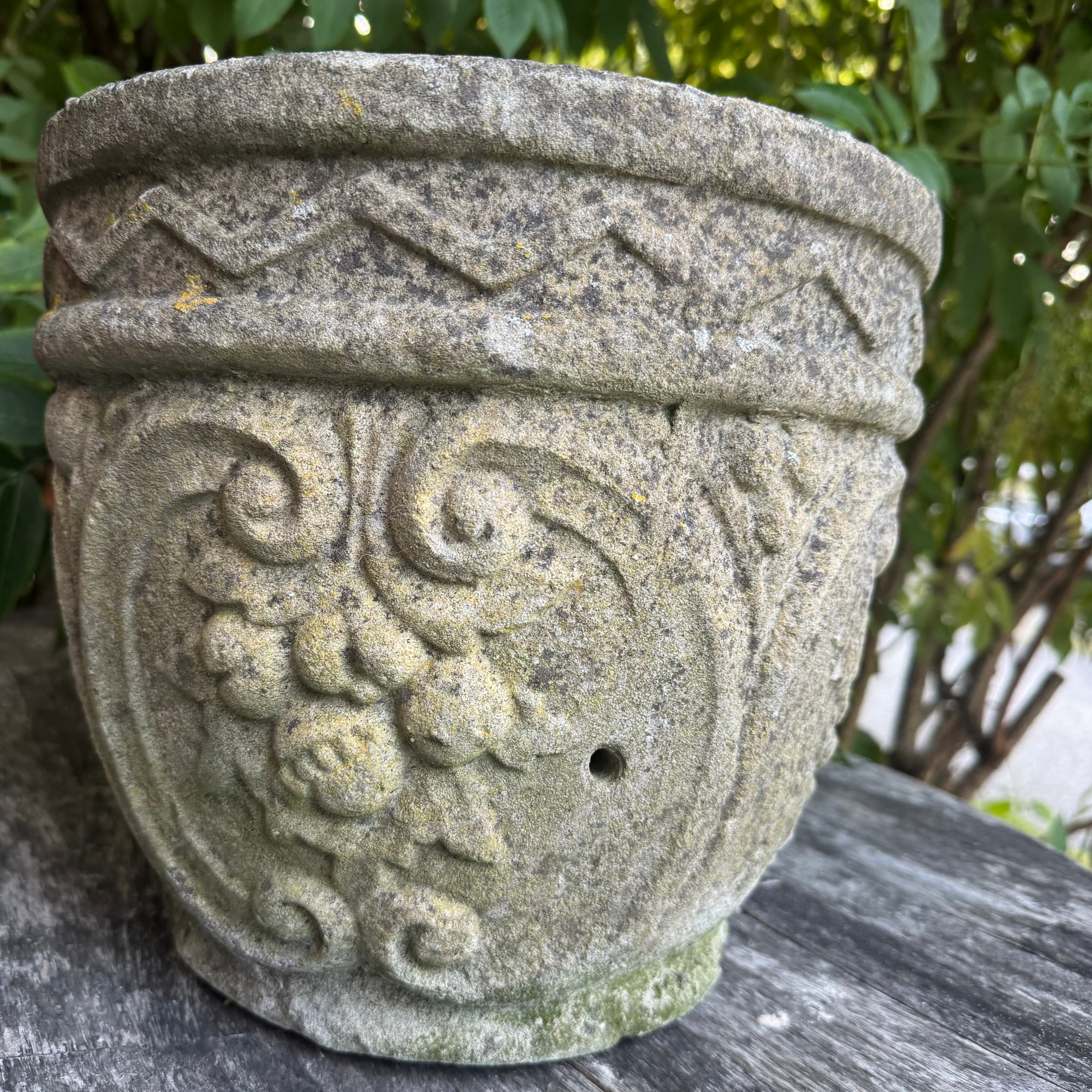 Antique English Carved Stone Garden Planters – Pair with Grape & Vine Motif