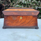 Antique 19th Century English Sarcophagus Tea Caddy - Complete Mahogany Wood Chest with Original Cut-Glass Bowl