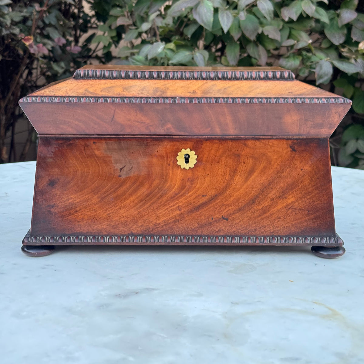 Antique 19th Century English Sarcophagus Tea Caddy - Complete Mahogany Wood Chest with Original Cut-Glass Bowl