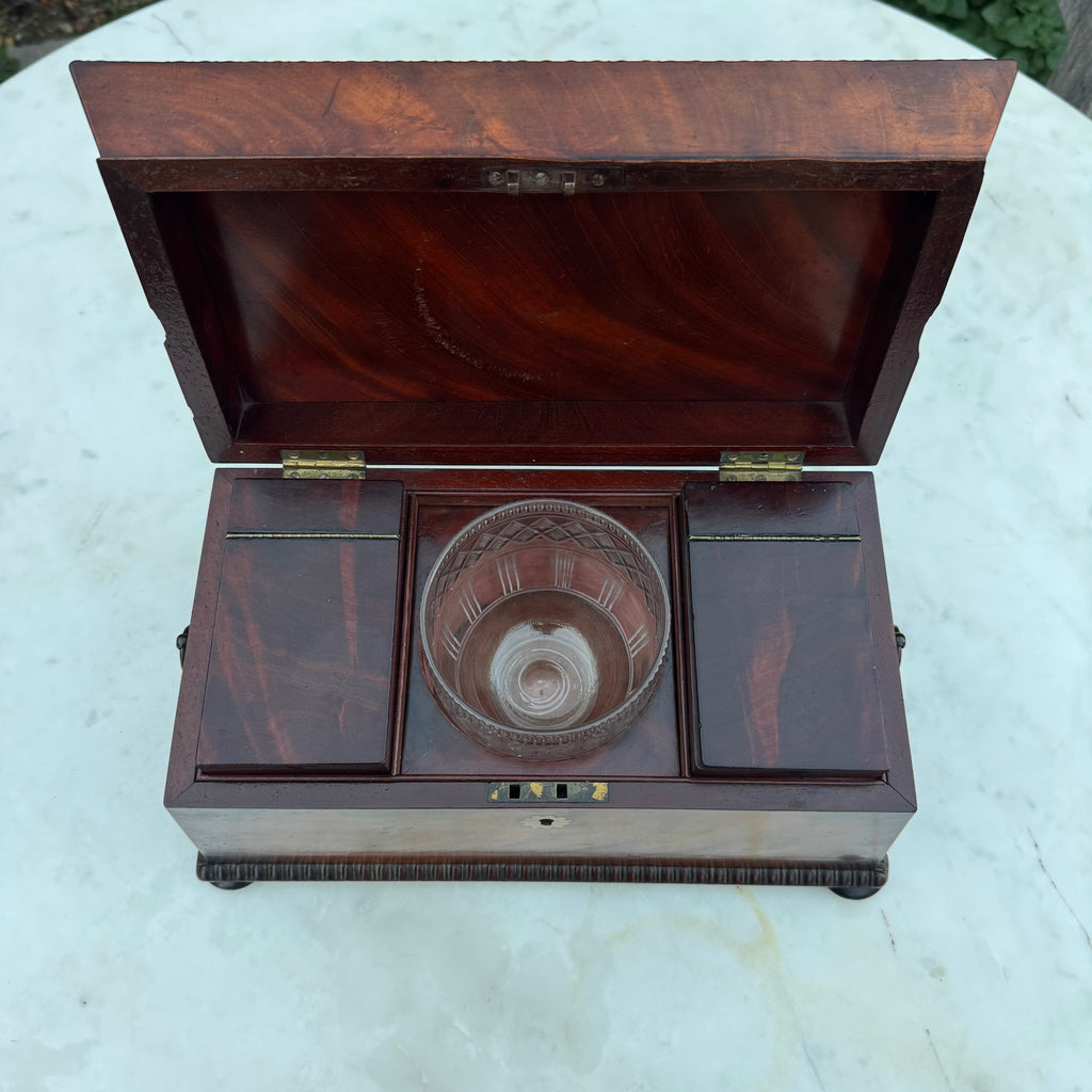 Antique 19th Century English Sarcophagus Tea Caddy - Complete Mahogany Wood Chest with Original Cut-Glass Bowl