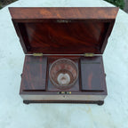 Antique 19th Century English Sarcophagus Tea Caddy - Complete Mahogany Wood Chest with Original Cut-Glass Bowl