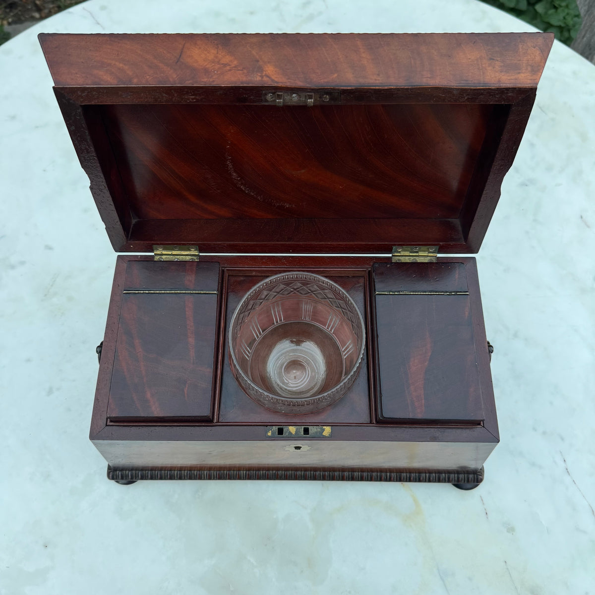Antique 19th Century English Sarcophagus Tea Caddy - Complete Mahogany Wood Chest with Original Cut-Glass Bowl