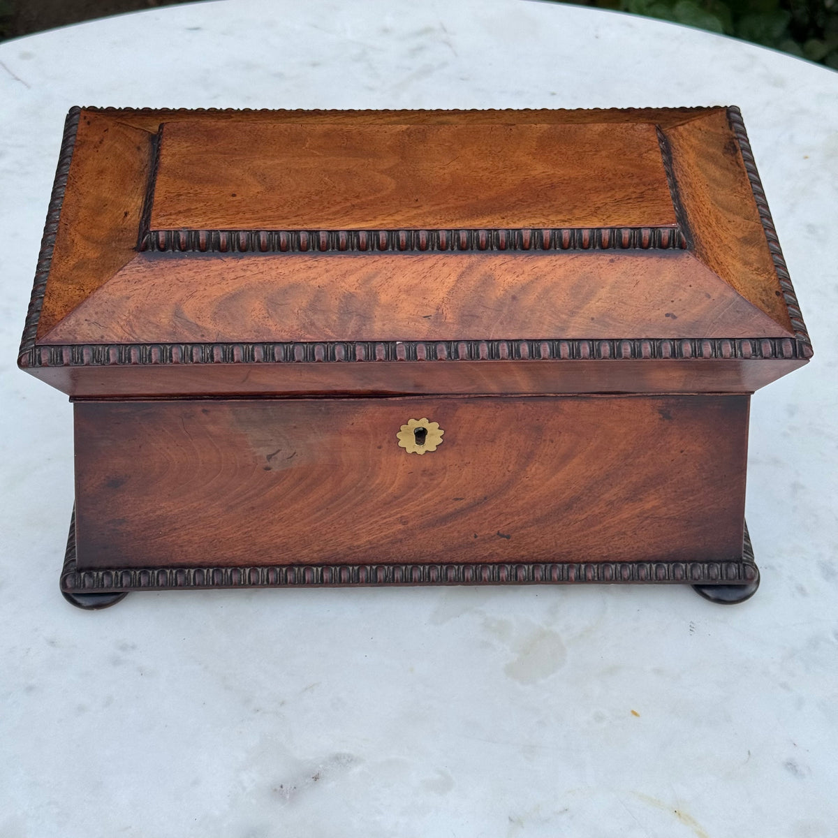 Antique 19th Century English Sarcophagus Tea Caddy - Complete Mahogany Wood Chest with Original Cut-Glass Bowl