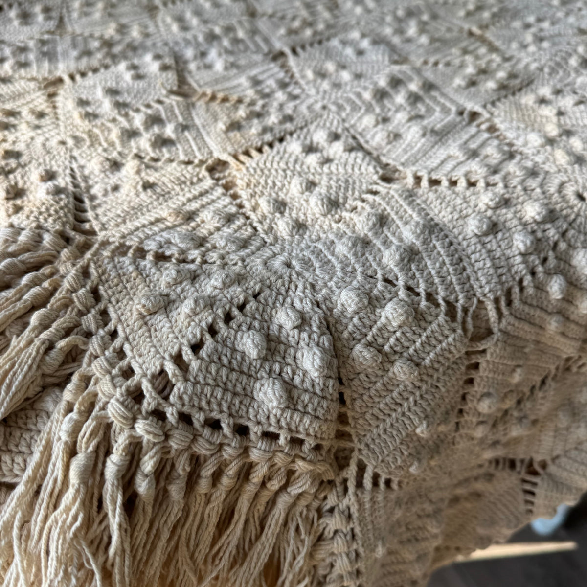 Vintage Hand-Crocheted Popcorn Stitch Bedspread