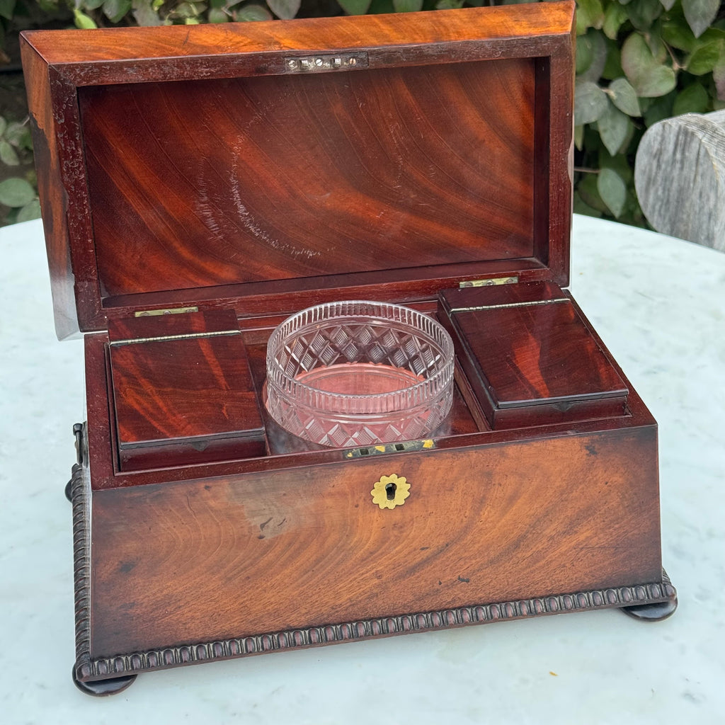 Antique 19th Century English Sarcophagus Tea Caddy - Complete Mahogany Wood Chest with Original Cut-Glass Bowl