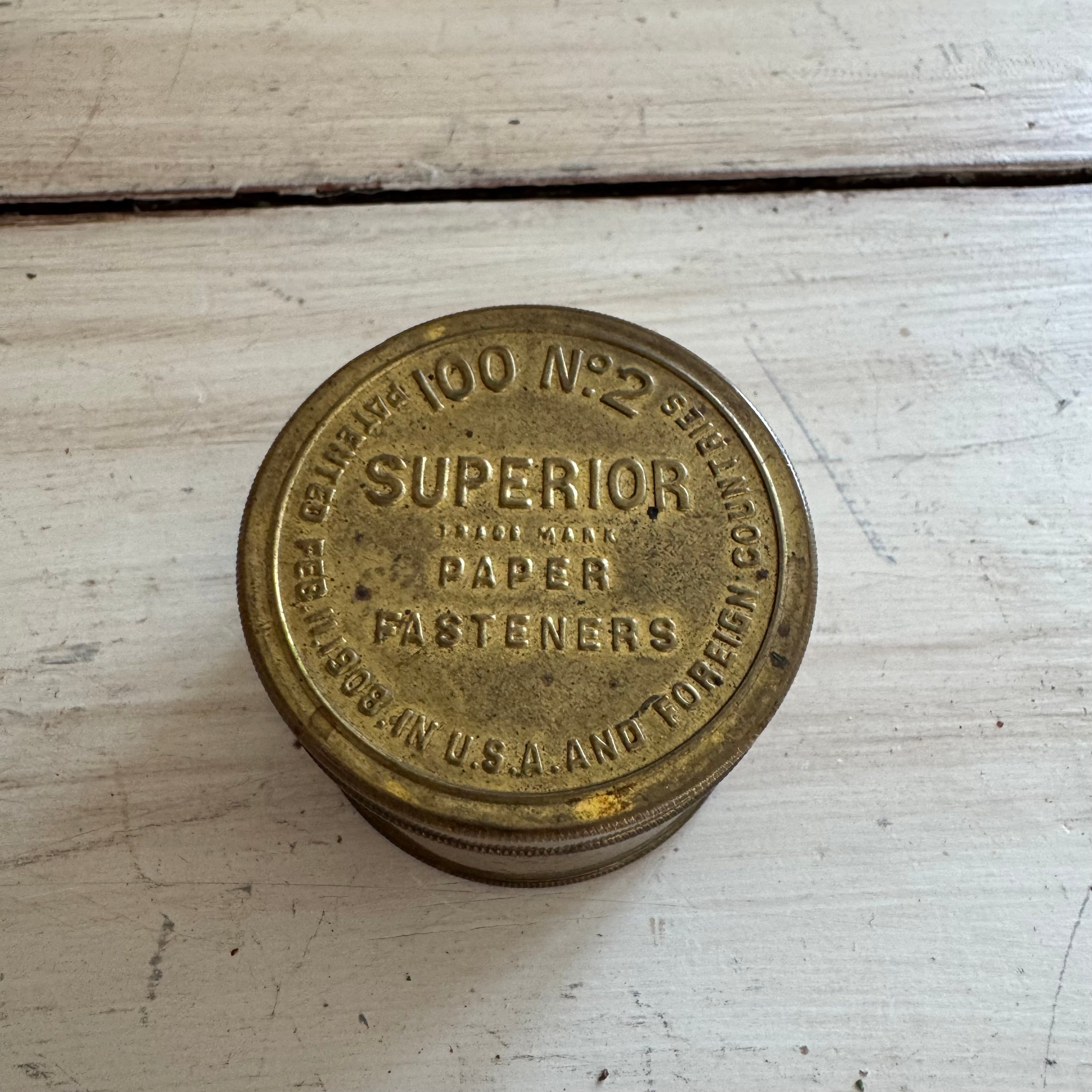 Antique Superior Paper Fasteners Tin with Original Brass Fasteners