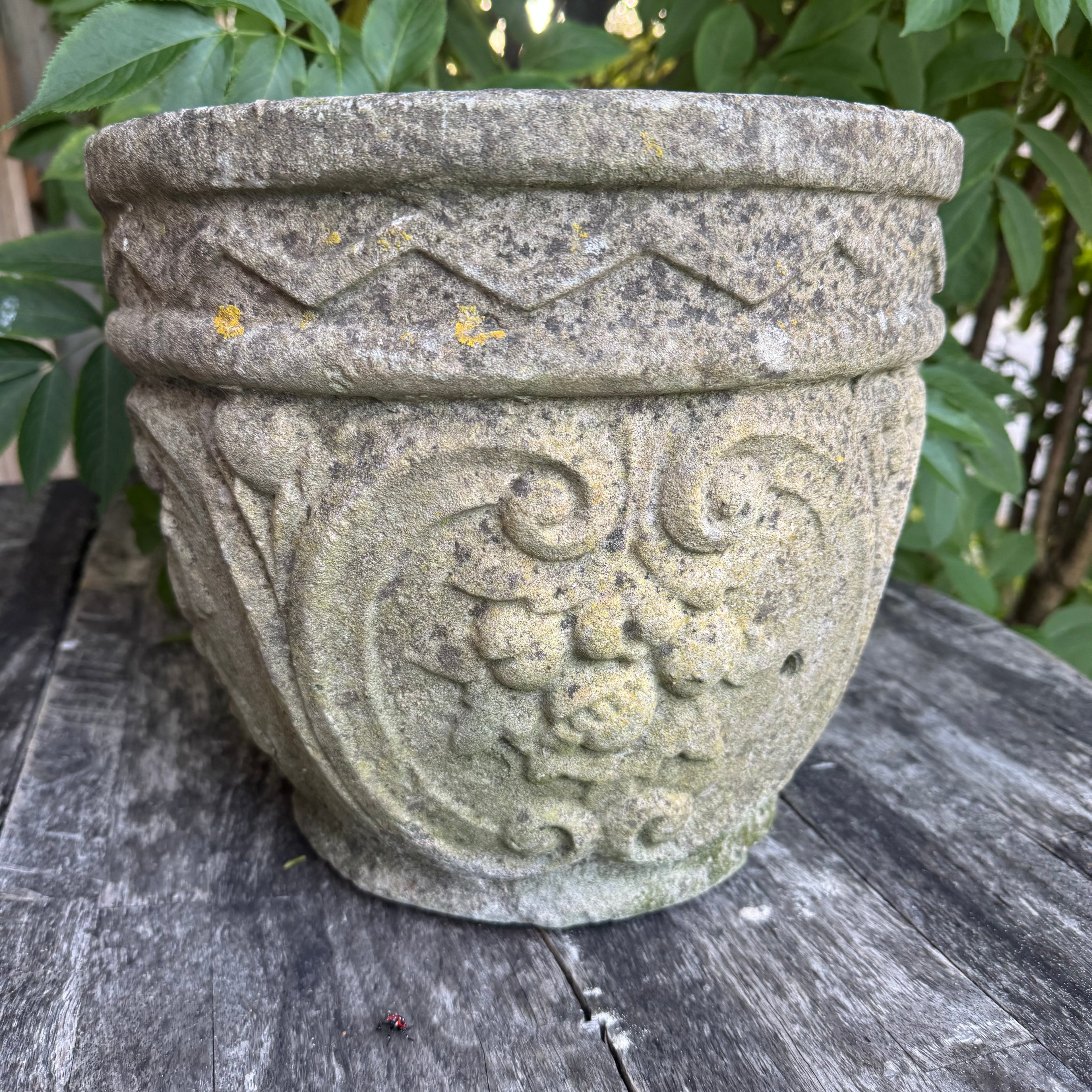 Antique English Carved Stone Garden Planters – Pair with Grape & Vine Motif